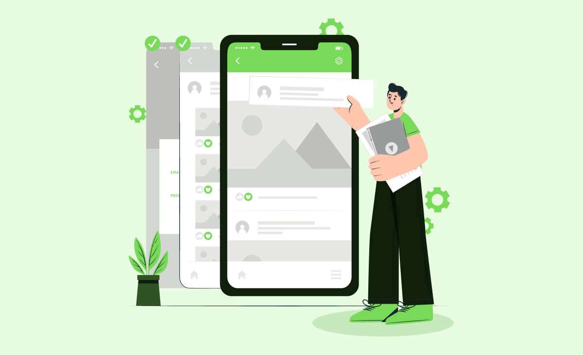 A cover representing a mobile app design and development process: a person working on wireframes and user interface elements