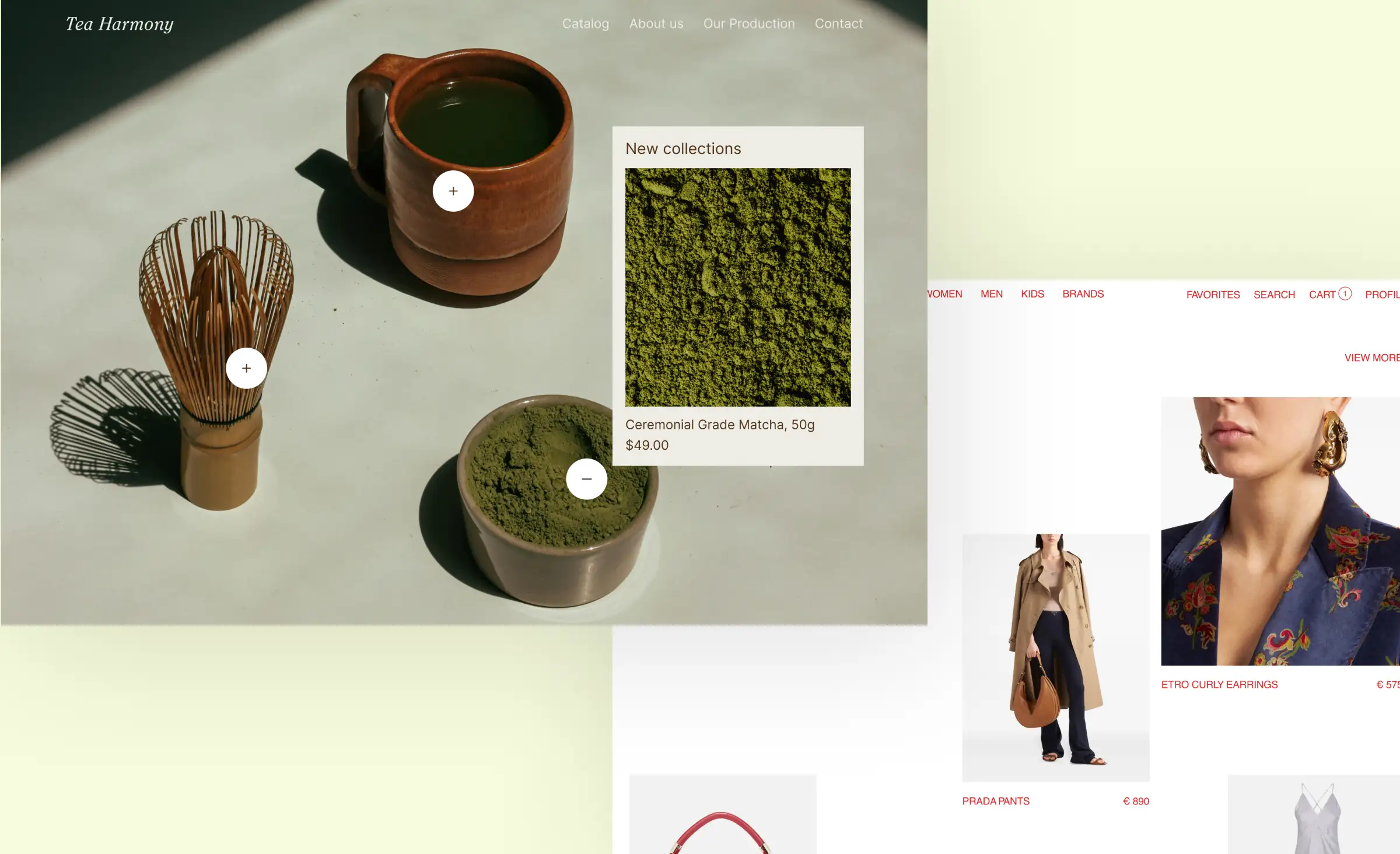 E‑commerce store design concepts for a tea shop and a fashion retailer