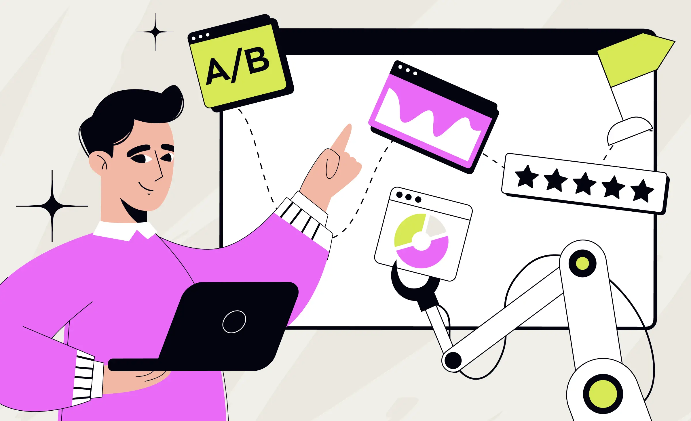 A person holding a laptop points to a board displaying various elements related to advanced UI/UX analytics, including A/B testing, graphs, rating stars, and a robotic arm holding a pie chart.