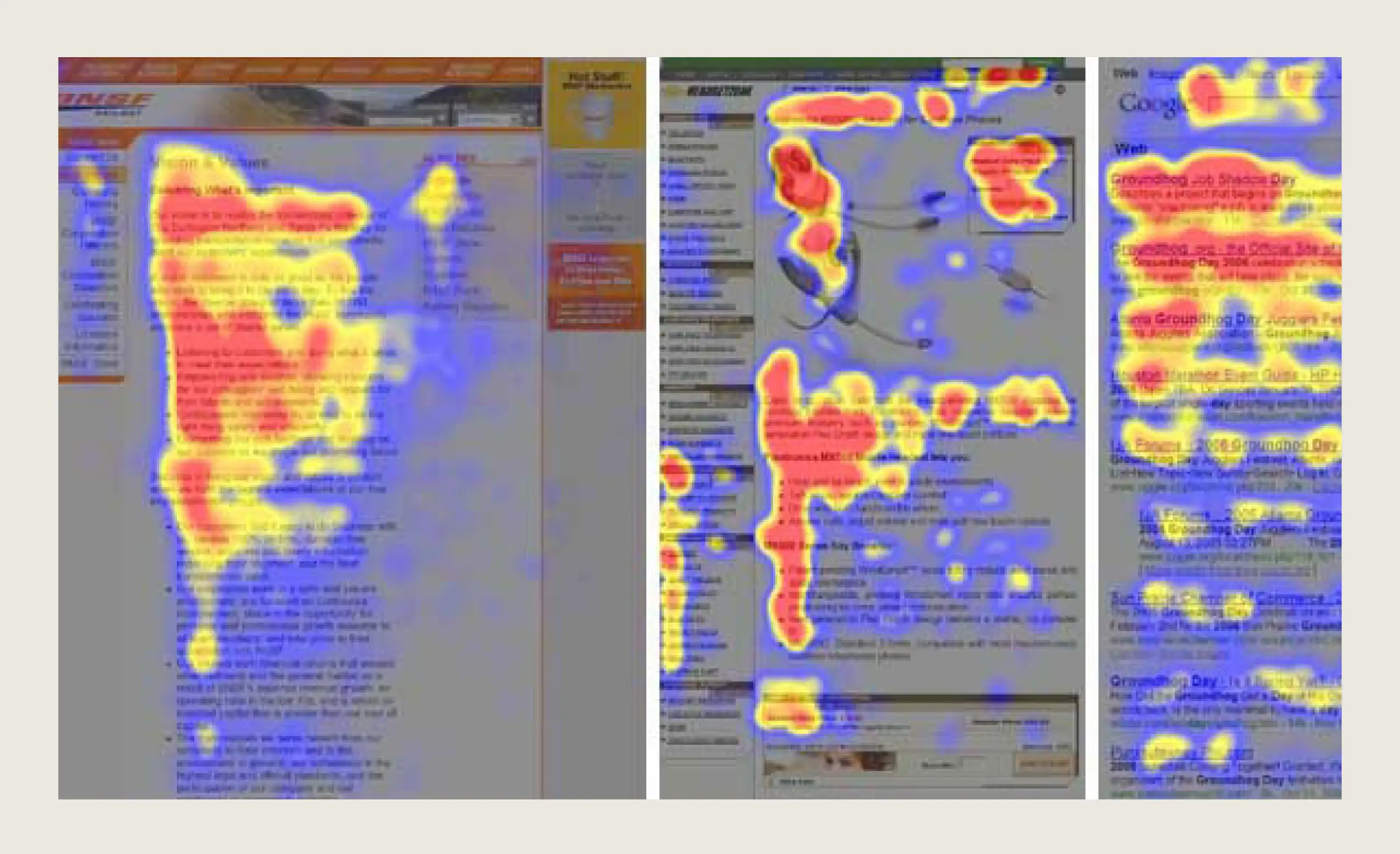 Three website heatmaps highlight where users focus their attention on web pages, using colors from blue to red to indicate viewing intensity.