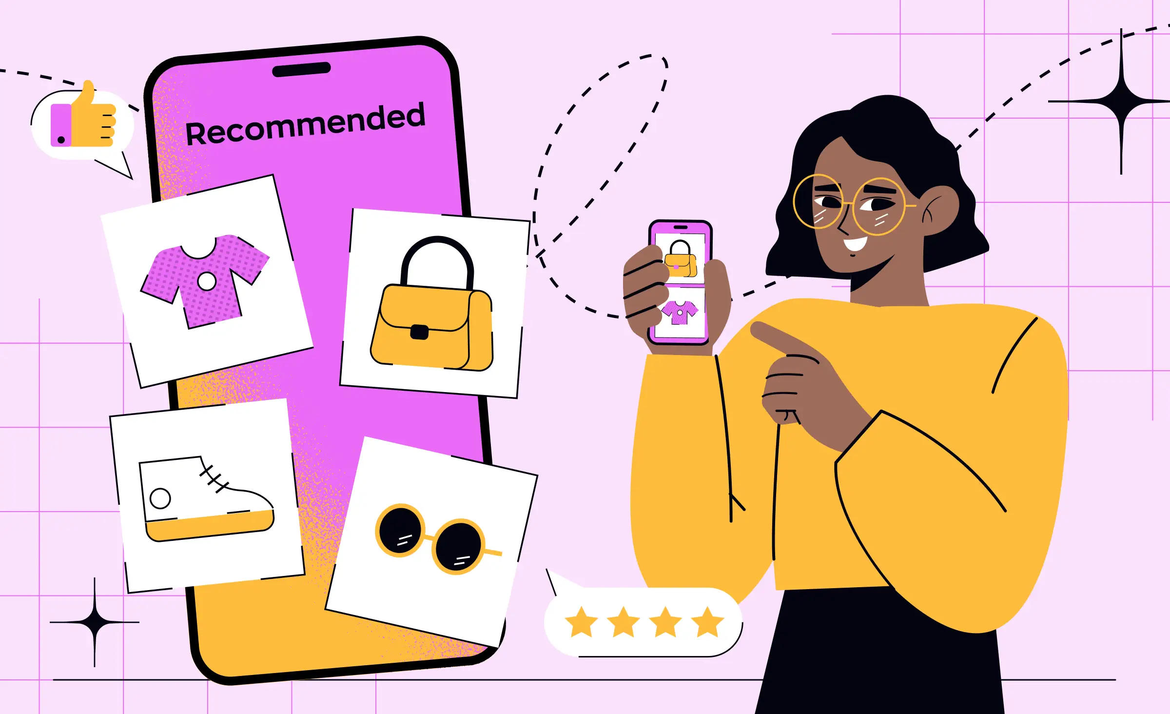 Illustration of a smiling woman holding a phone and viewing personalized product recommendations like clothes, shoes, and accessories, symbolizing AI-driven recommendation systems e-commerce for improved shopping experiences.