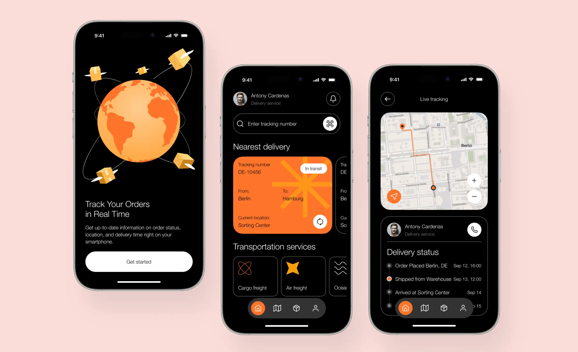 Three smartphones displaying a global order tracking app with real-time shipment updates and interactive delivery maps, demonstrating AI for supply chain optimization in worldwide logistics visibility and control.