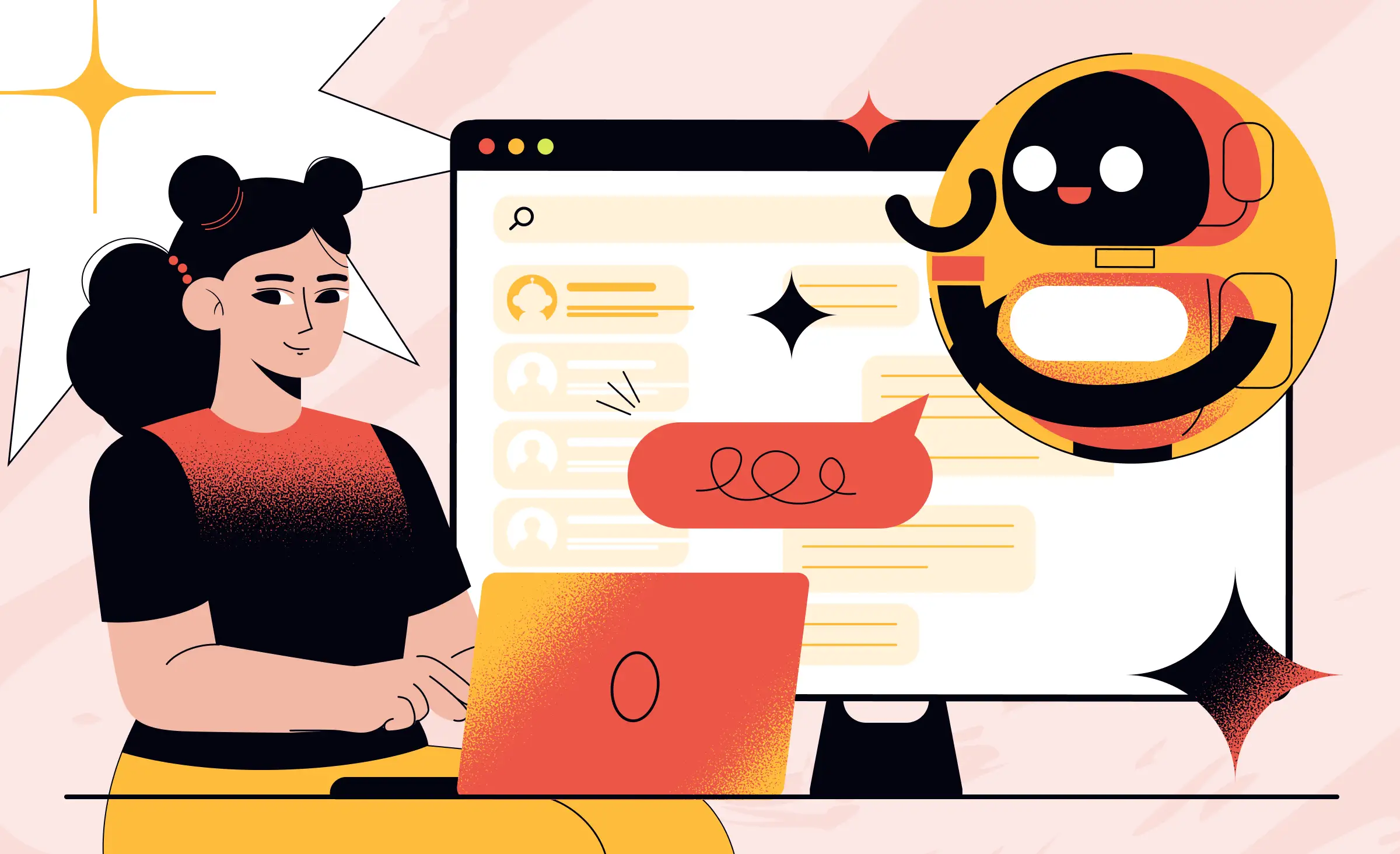 This image illustrates AI powered customer support by showing a woman interacting with a laptop while a chatbot icon appears on her computer screen, symbolizing instant, automated assistance and real-time conversation between users and AI for efficient customer service.