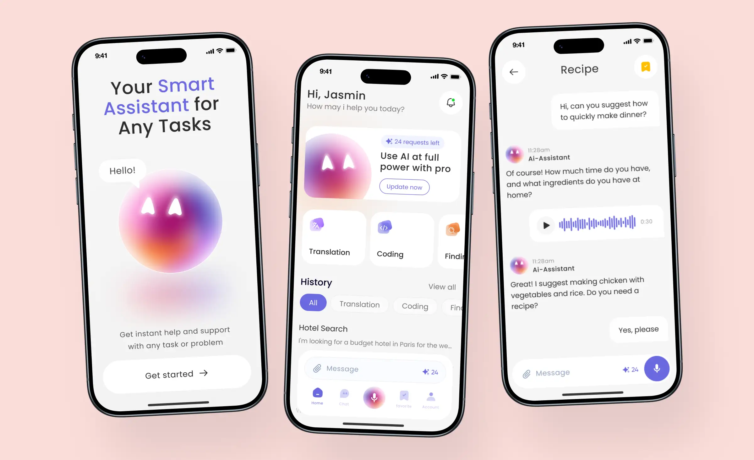 This image showcases a design concept for AI powered customer support on mobile devices, featuring a smart assistant app that offers instant help with tasks such as translation, coding, and recommendations, as well as personalized responses and voice message support for users seeking quick solutions to their problems.
