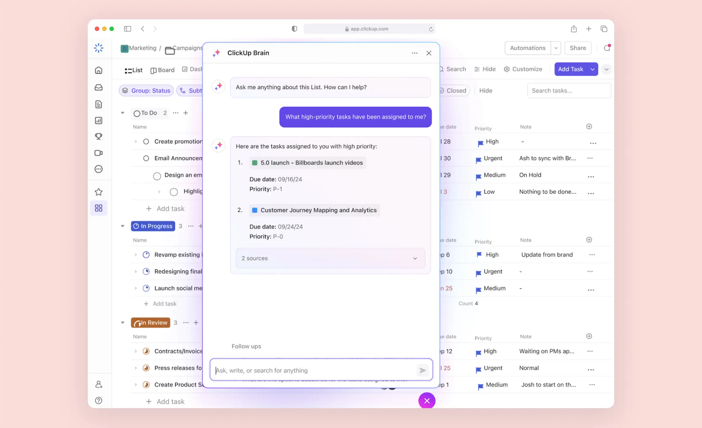 This image demonstrates AI powered customer support within a project management platform, where an AI assistant provides users with instant answers about their high-priority tasks, helping streamline workflows and improve productivity by offering quick, task-specific guidance through a chat interface.
