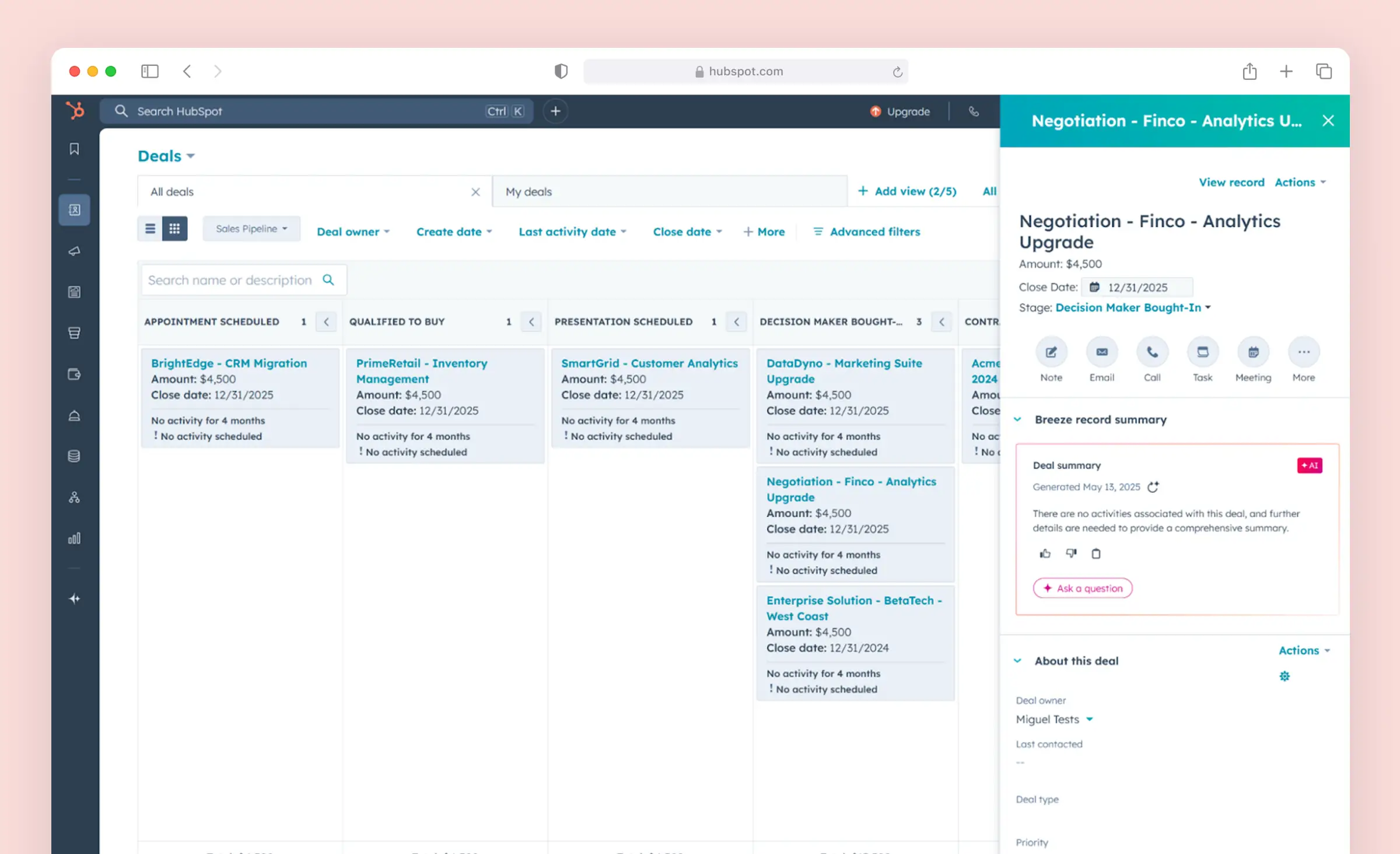 This image features AI powered customer support within a CRM system, where artificial intelligence generates automatic deal summaries and provides quick assistance, helping users efficiently manage client interactions and access important information directly in their sales pipeline dashboard.