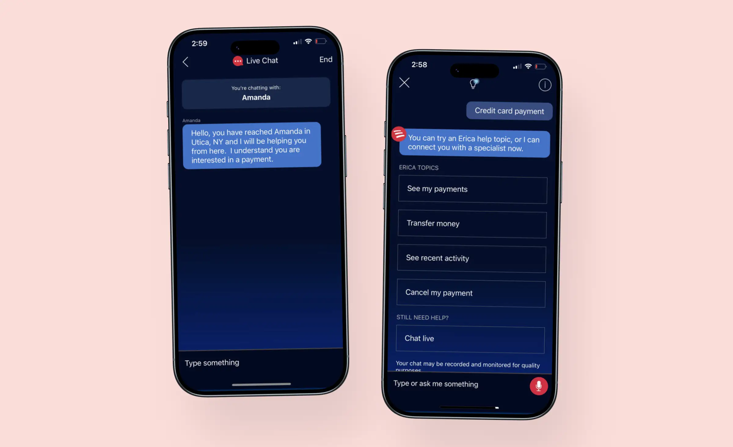 This image demonstrates AI powered customer support in a mobile banking app, where users can interact with a live agent or receive instant help from an AI assistant for tasks like viewing payments, transferring money, or getting recent activity, making customer service faster and more convenient.