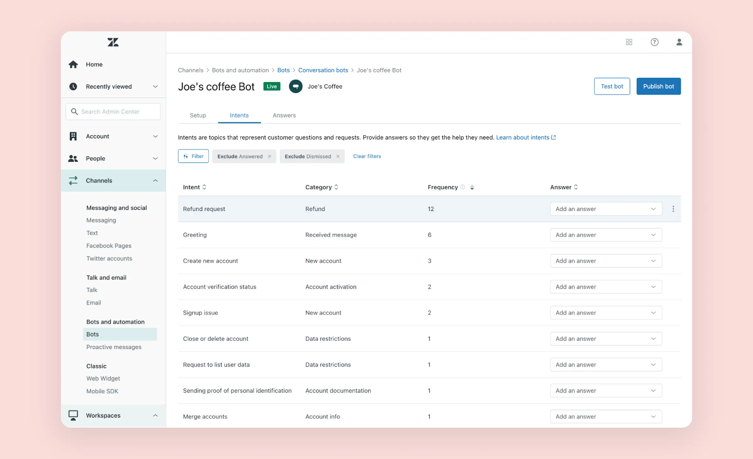 This image showcases AI powered customer support in an admin dashboard for configuring a chatbot, where businesses can set up automated replies to frequent customer queries such as refund requests, account issues, and greetings, streamlining support and ensuring customers get fast, accurate answers.