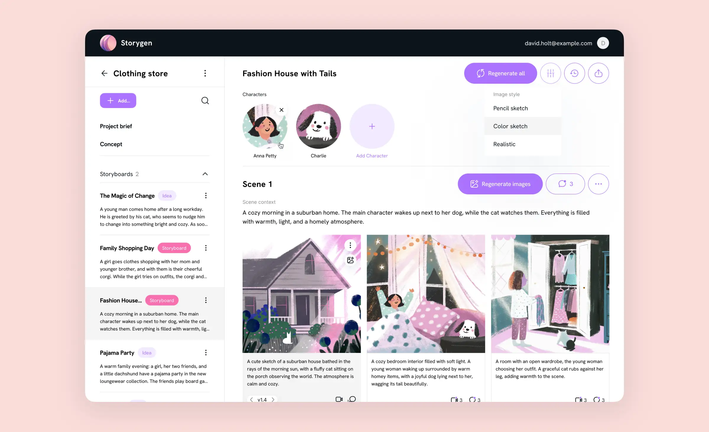 This image illustrates AI powered customer support in a collaborative platform for creative professionals created by Ronas IT, where users can generate and edit illustrated storyboards, add and organize characters, and get instant, AI-driven assistance for creative tasks, making teamwork and project workflows more efficient and visually engaging.