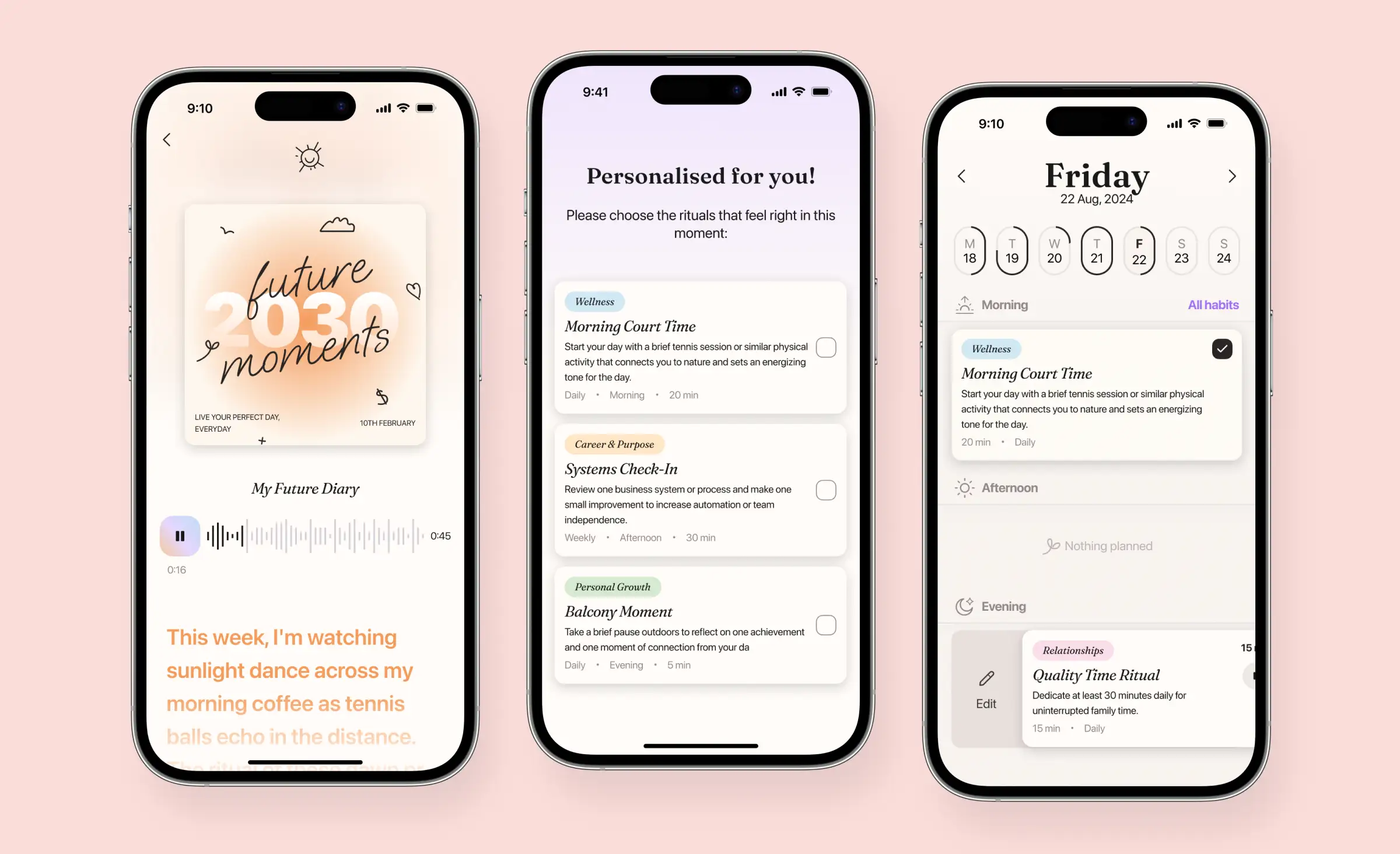 This image highlights AI powered customer support in an app for building positive habits, developed by Ronas IT. The app provides users with personalized habit suggestions, daily routines, and audio diary features, all supported by intelligent automation and tailored advice to help users achieve their wellness and personal growth goals more effectively.