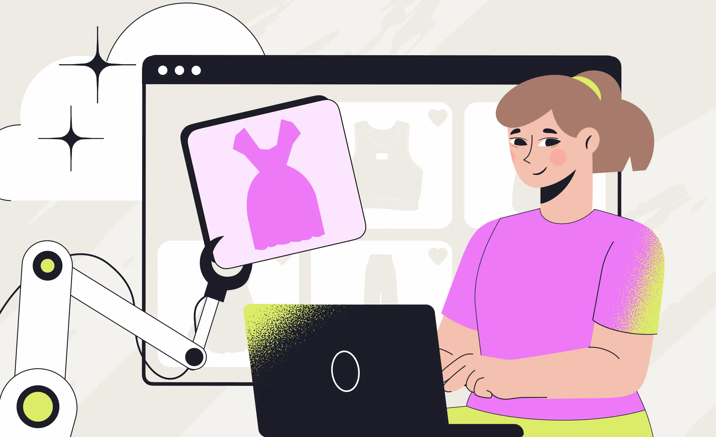 Illustration showing a smiling woman using a laptop while a robot arm suggests a pink dress on a shopping website, representing AI-powered personalization engines enhancing online shopping experiences.