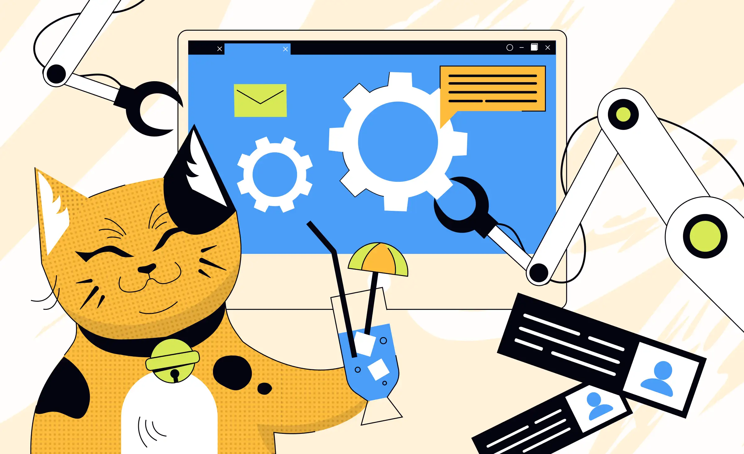 The cover features a content cat holding a cocktail. in the background, on a desktop screen, elements are being assembled by robot claws. This symbolizes that people can relax while some processes are handled automatically, highlighting the concept of automating IT operations.