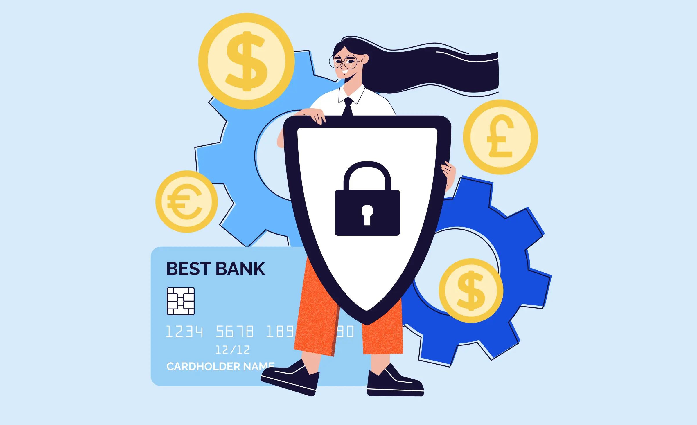 A woman holds a shield with a lock symbol, protecting bank card details, coins with currency symbols, and gears, illustrating the mobile banking app security.
