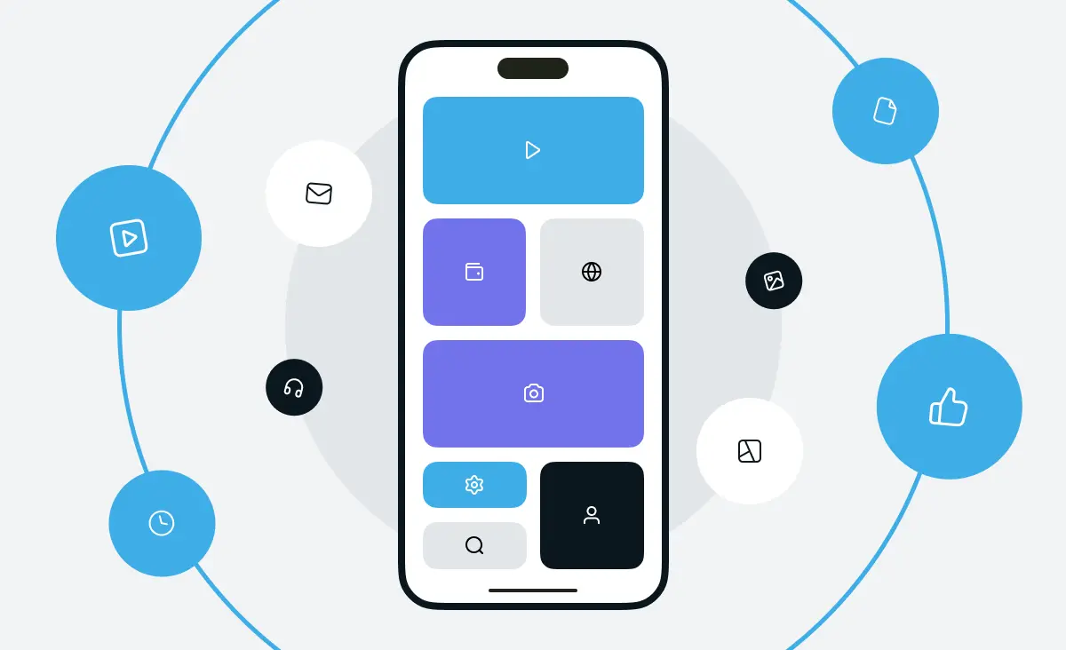 An article cover representing enterprise mobile app development process: the image schematically depicts a mobile app screen with its UI elements.