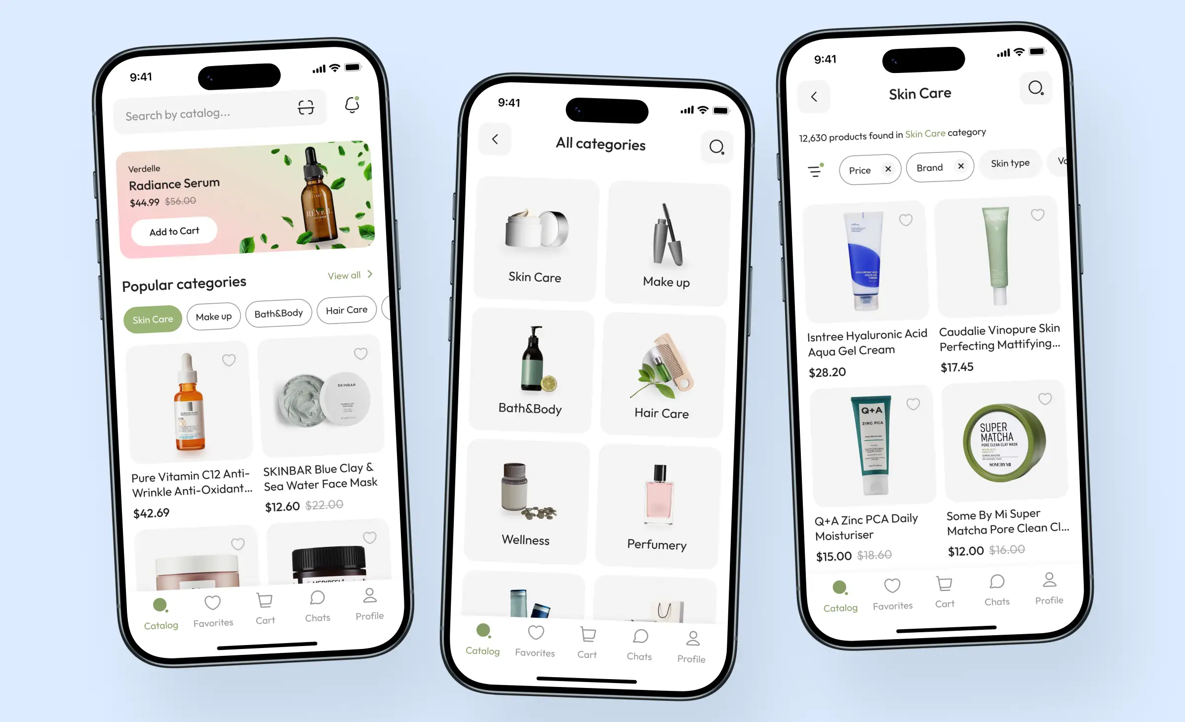 Eco cosmetics marketplace mobile app interface designed with composable architecture for e-commerce, showing product search, certified listings, and filtering tools for eco-friendly cosmetics brands and buyers in australia.