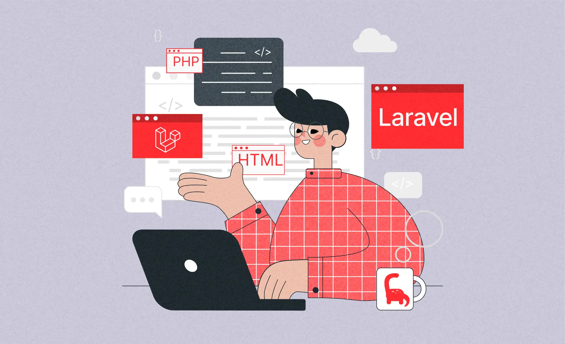On the cover of an article dedicated to custom Laravel web development, a young man in a plaid shirt and glasses is depicted working on a laptop. Behind him, icons resembling web pages feature technology names like PHP, Laravel, HTML, and one displays the Laravel framework logo.