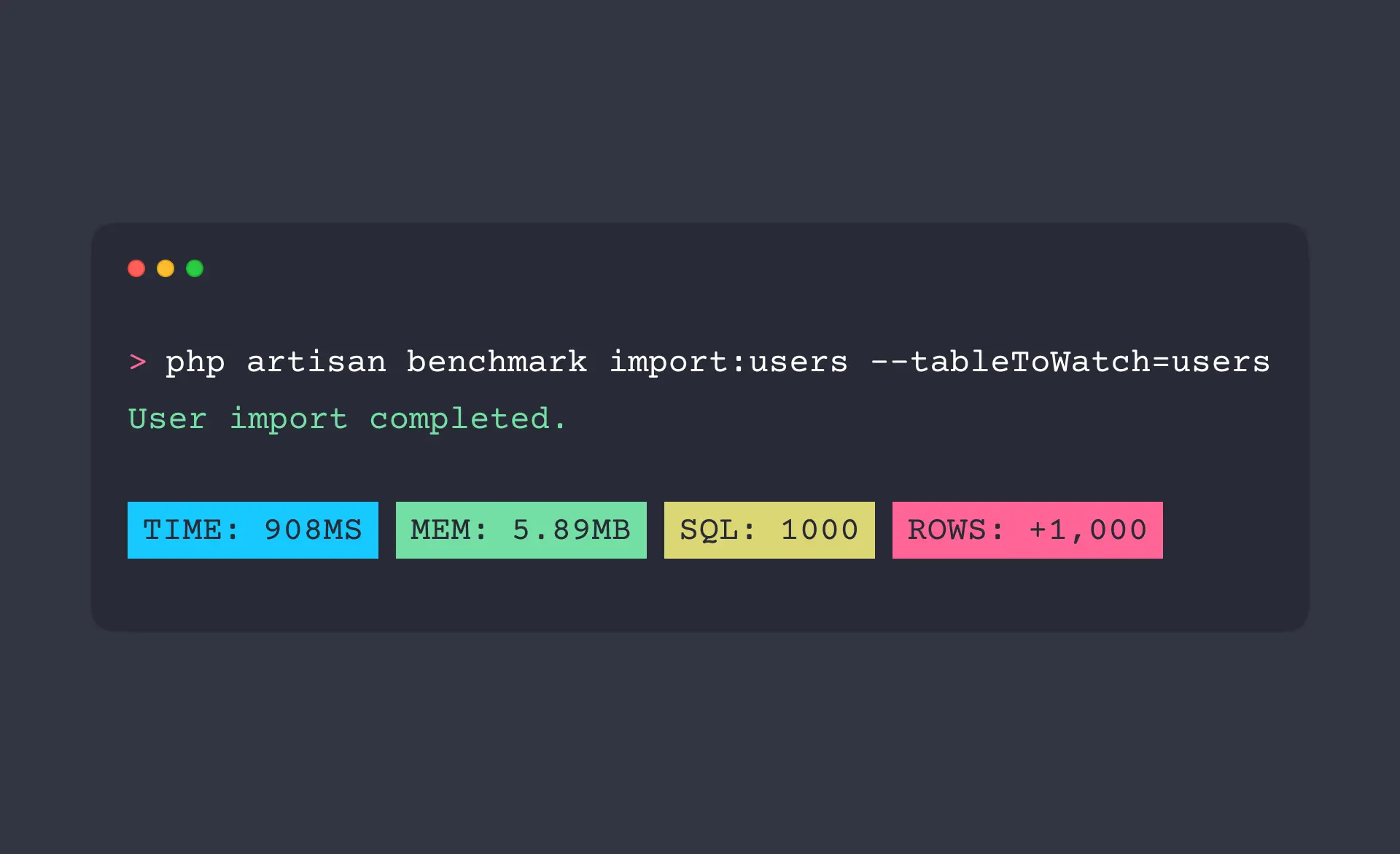 The news is about the Artisan benchmark package, which evaluates the performance of Artisan commands. The image displays a line of code: >php artisan benchmark import:users --tableToWatch=users. Below, a caption in green reads: "user import completed." Further down, performance metrics are highlighted in various colors: "Time: 908MS, MEM: 5.89MB, SQL: 1000, ROWS: +1,000."