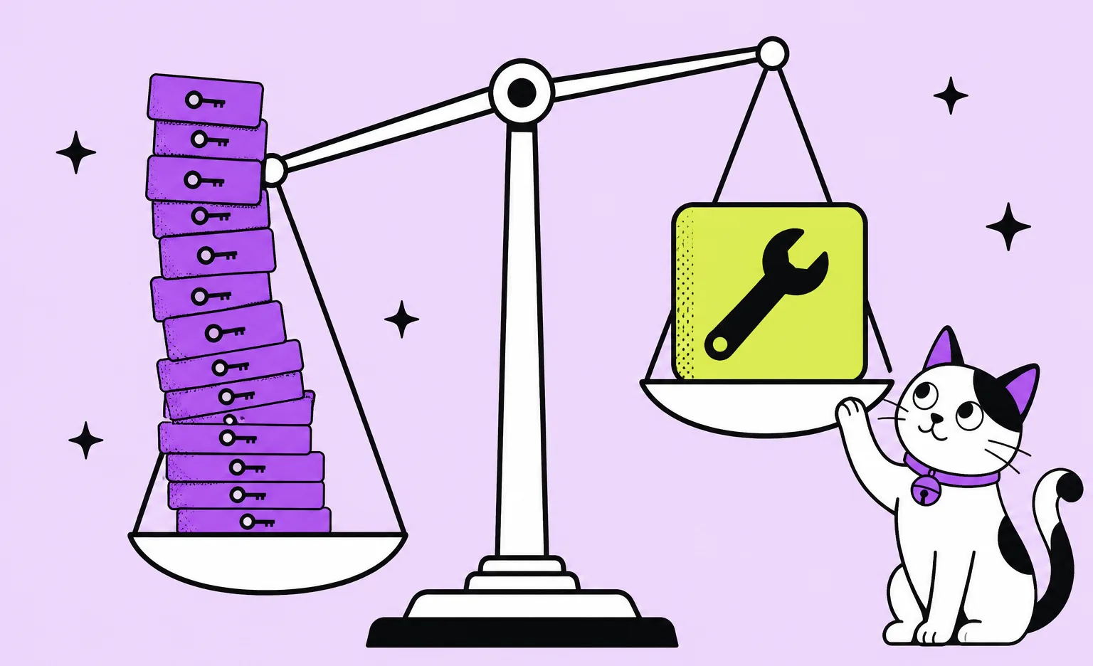A balance scale tips down under a stack of purple licence cards while a single lime tile with a wrench on it stays high, with the Ronas IT cat mascot beside it