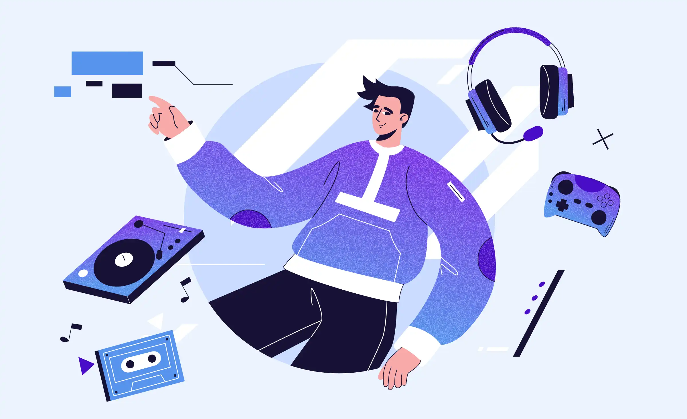 The cover depicts the article content dedicated to media and entertainment software development. in the picture, we see a young man pointing to the interface elements. Various items surround him, including headphones, a flute, a gaming controller, a phonograph, and a cassette.