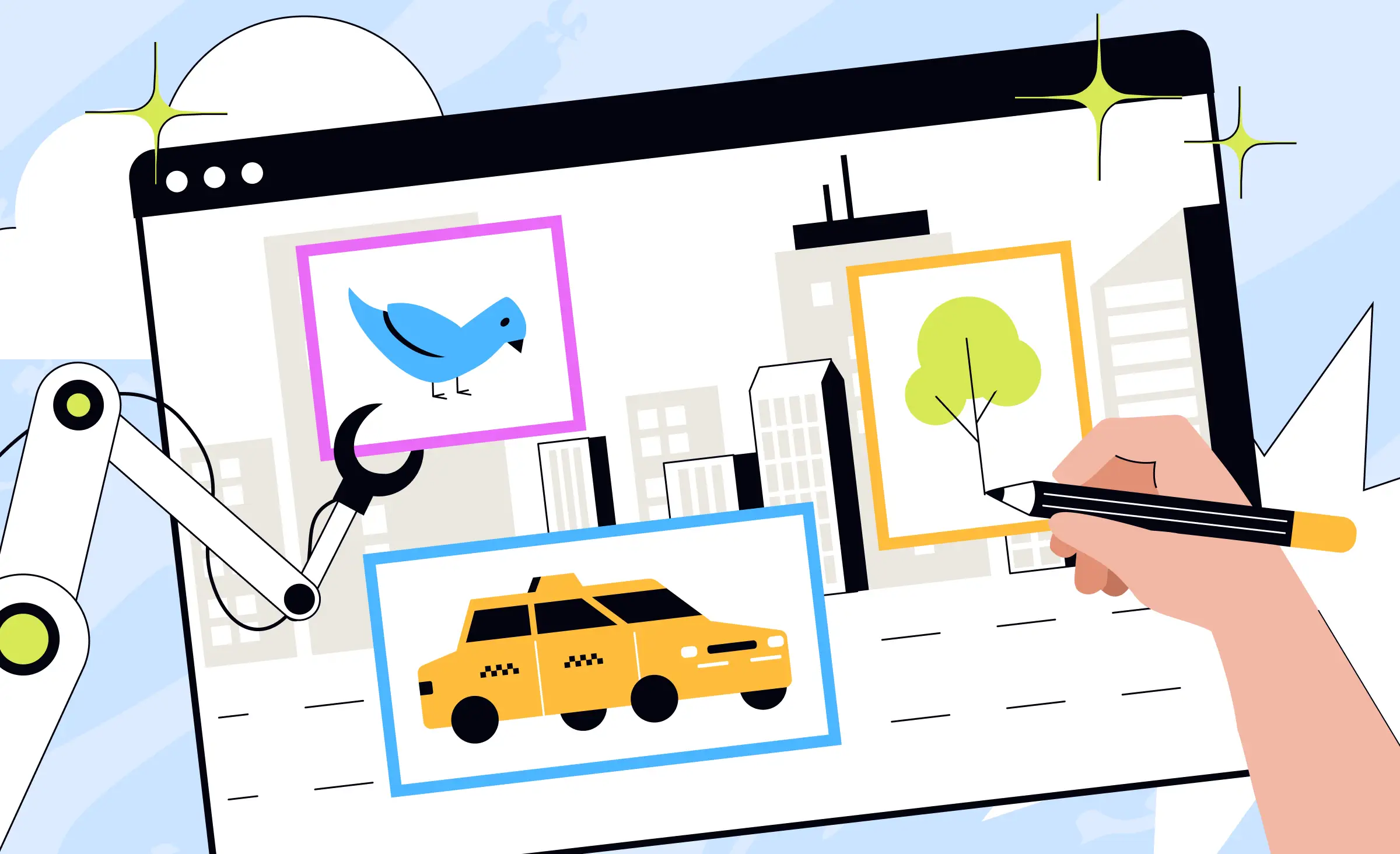 Illustration showing a robot arm and a human hand tagging images of a bird, tree, and taxi on a computer screen, representing data labeling and annotation for AI in an urban environment.