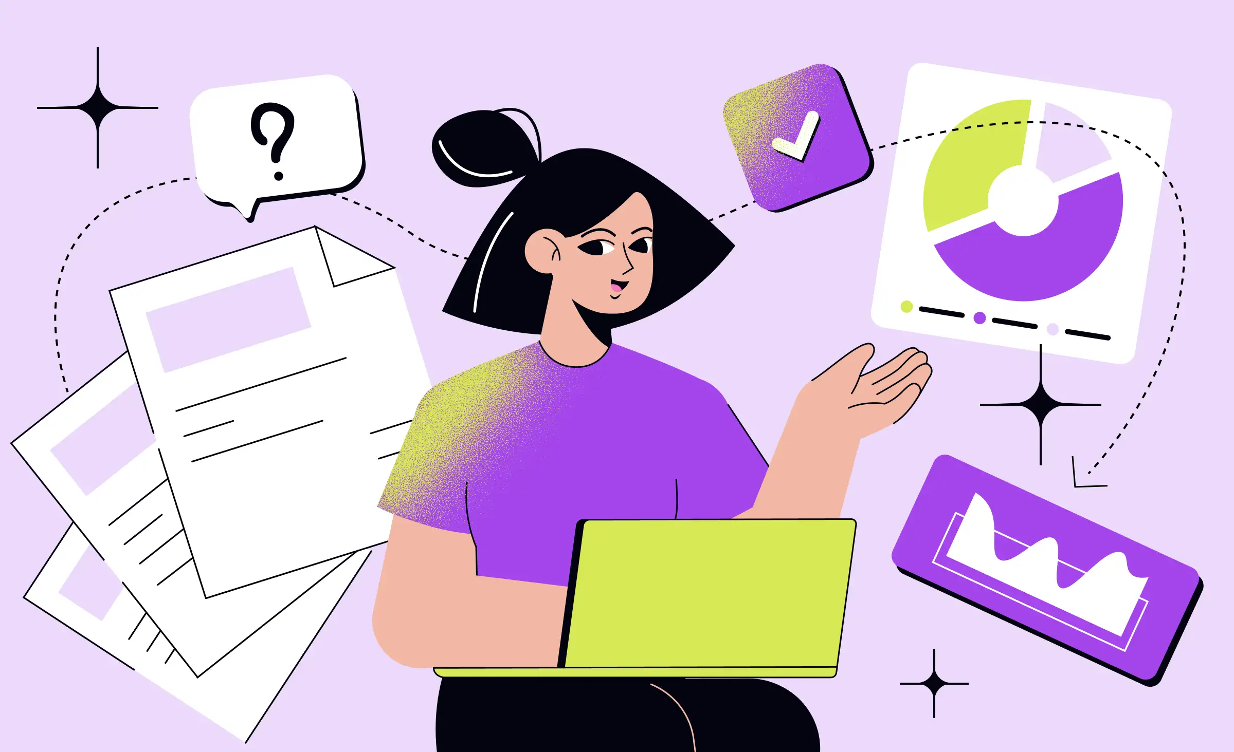 Illustration of a woman using a laptop with visual elements like charts, graphs, and documents around her, representing data storytelling business insights to communicate complex information effectively in a business context.