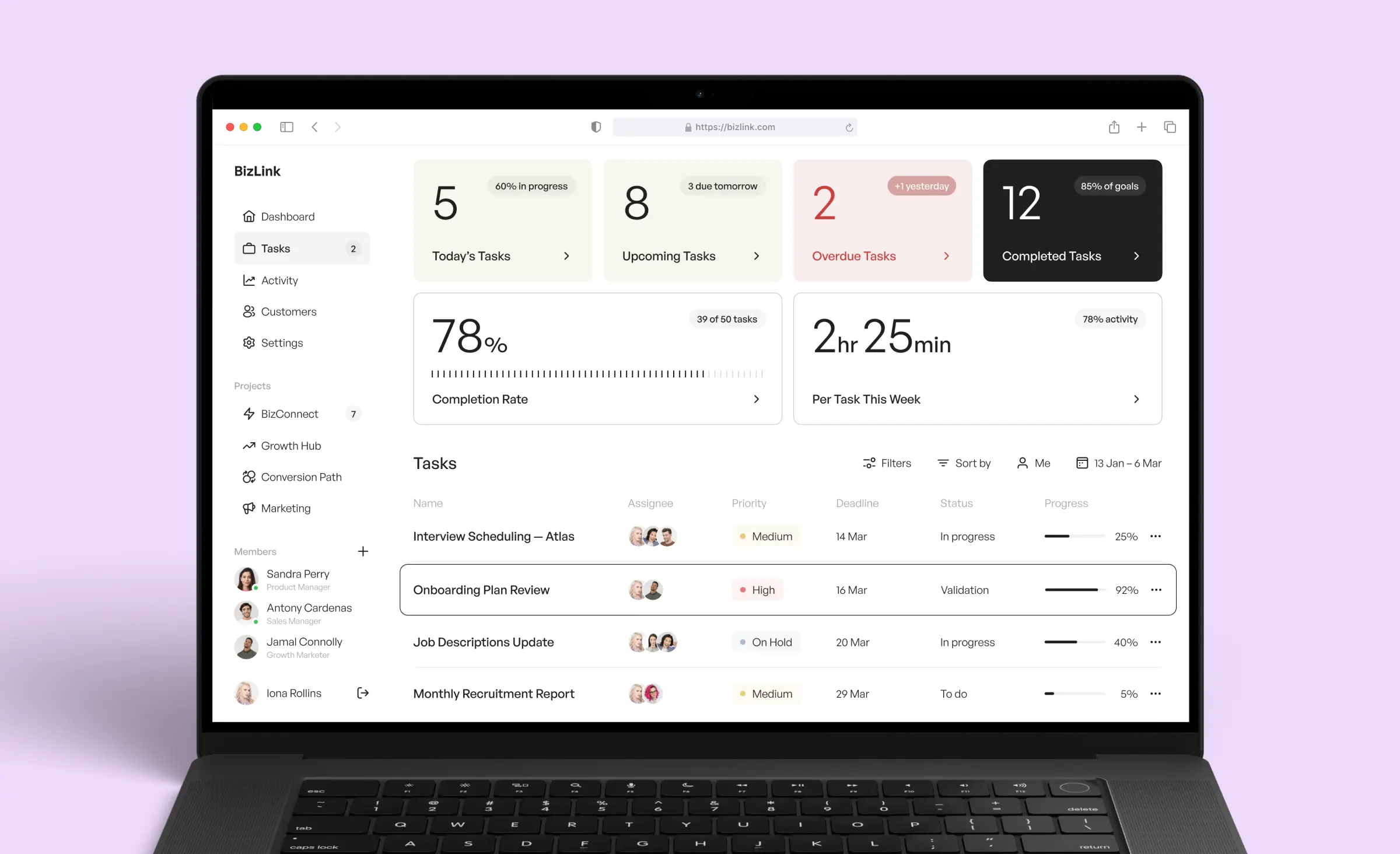 Laptop screen displaying a task management dashboard with completion rates, overdue tasks, progress bars, and user assignments, demonstrating how data storytelling business insights make team productivity and workflow easy to understand.