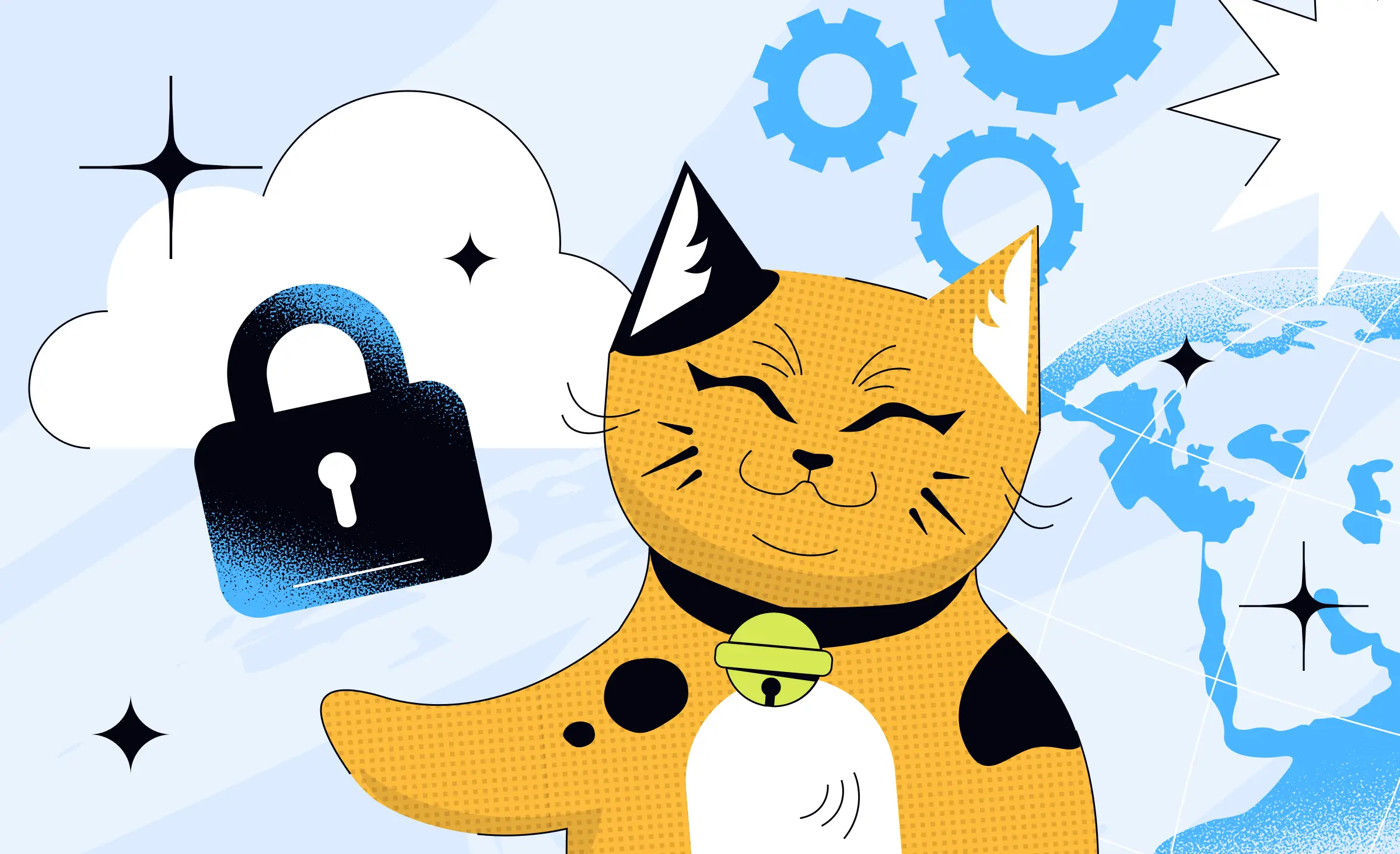 This illustration shows a cheerful cat in front of a cloud, a padlock, digital gears, and a world map, symbolizing disaster recovery and business continuity in the cloud by highlighting secure data protection and global connectivity.