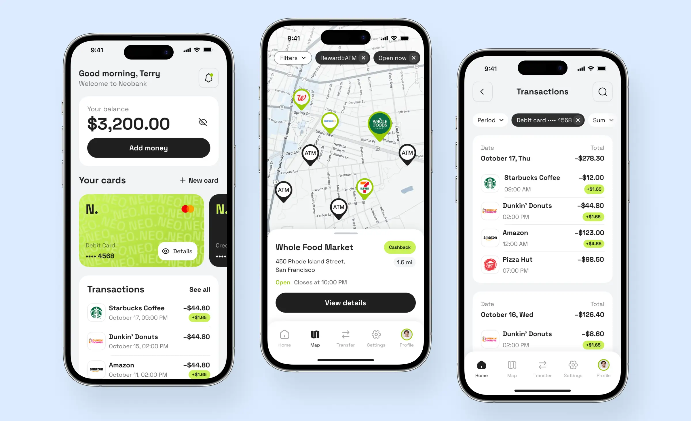 This image displays a neobank mobile app interface with account balance, transaction history, and a map of nearby locations, emphasizing the importance of disaster recovery and business continuity in the cloud for protecting financial data and ensuring uninterrupted access to banking services.