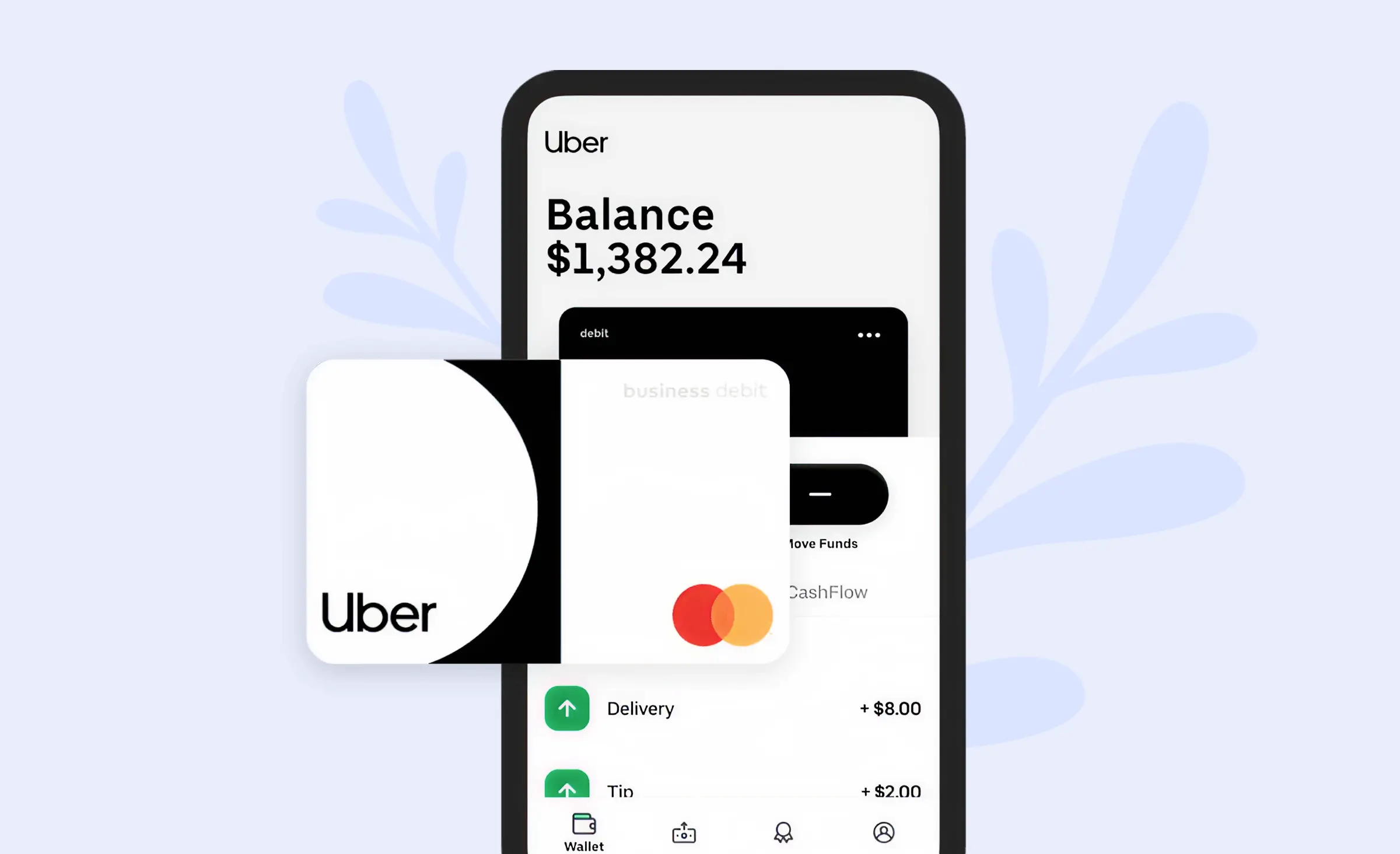 Screenshot of Uber Wallet showing a business debit card and balance overview