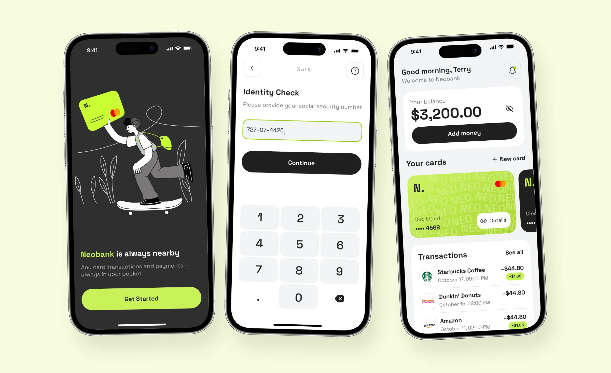 User interface screens of a neobank mobile app with digital card management and transaction history