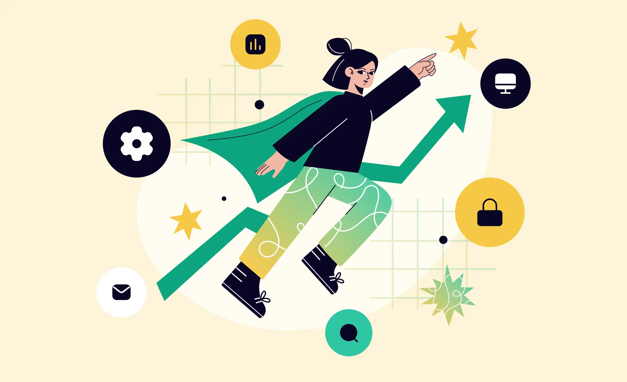 The cover of the article features a woman with a superhero cape flying parallel to an ascending graph scale. Surrounding her are icons representing different aspects of business. the image signifies how enterprise application integration software helps improve business metrics.