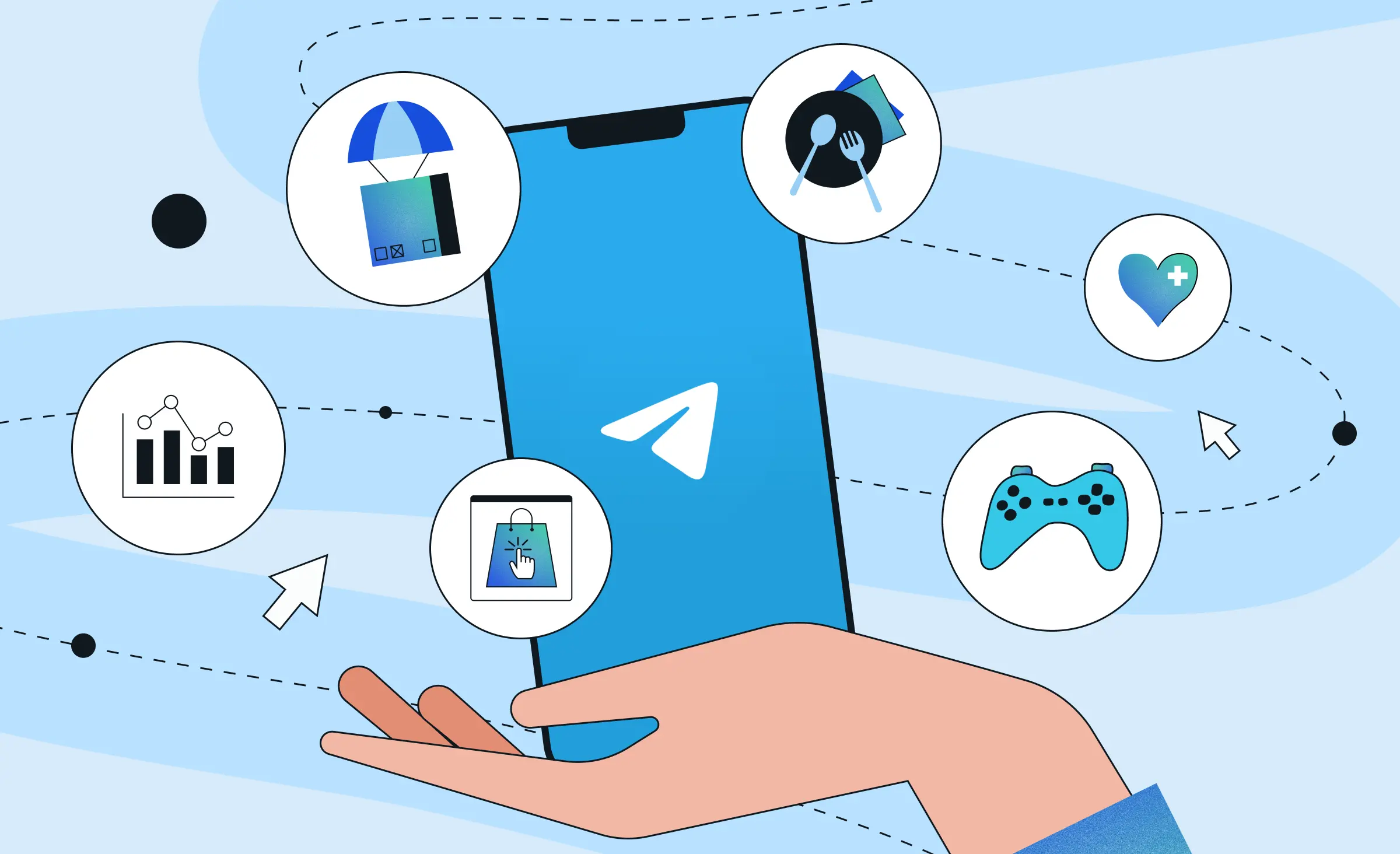 The article is dedicated to examples of Telegram mini apps across various industries. Therefore, the cover shows a hand holding a smartphone with the Telegram logo on it. All around the illustration are icons that symbolize industries: e-commerce, gaming, healthcare, restaurant, delivery, and management.