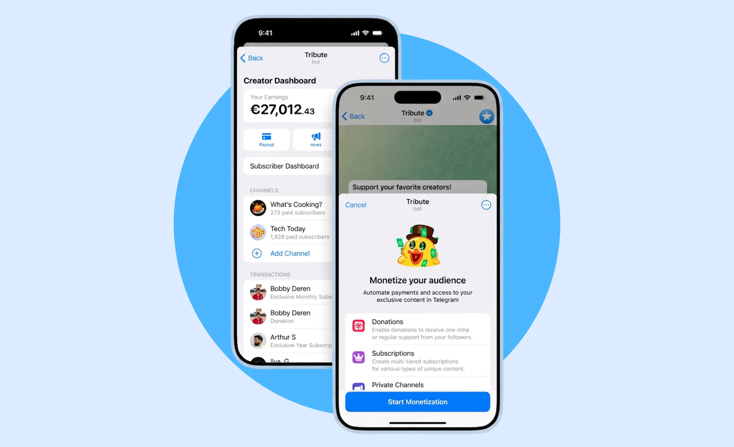 Two smartphones showing a creator dashboard and monetization options in a bot interface, providing a telegram mini app example of how users can automate payments, manage subscriptions, and monetize their audience directly within the app.