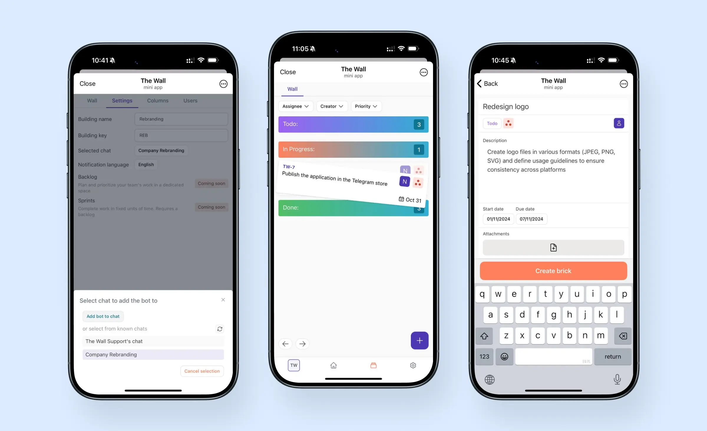 Three smartphone screens showing a project management workflow in The Wall mini app, demonstrating a telegram mini app example with task settings, kanban board, and detailed task entry for team collaboration directly in Telegram.