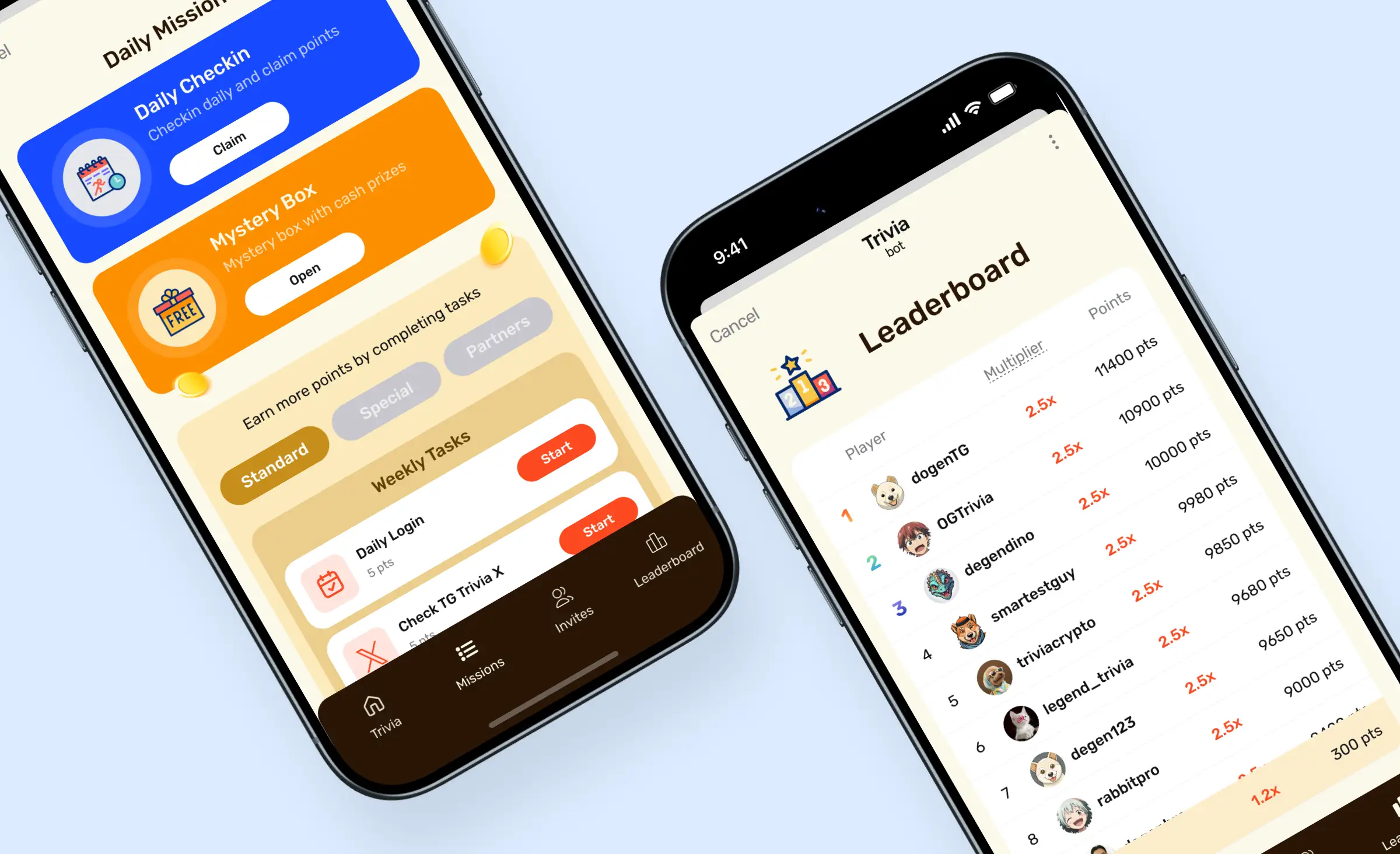 Two smartphone screens displaying a trivia game’s daily missions, check-in rewards, and leaderboard, serving as a telegram mini app example for gamification, engagement, and competitive features within the Telegram platform.