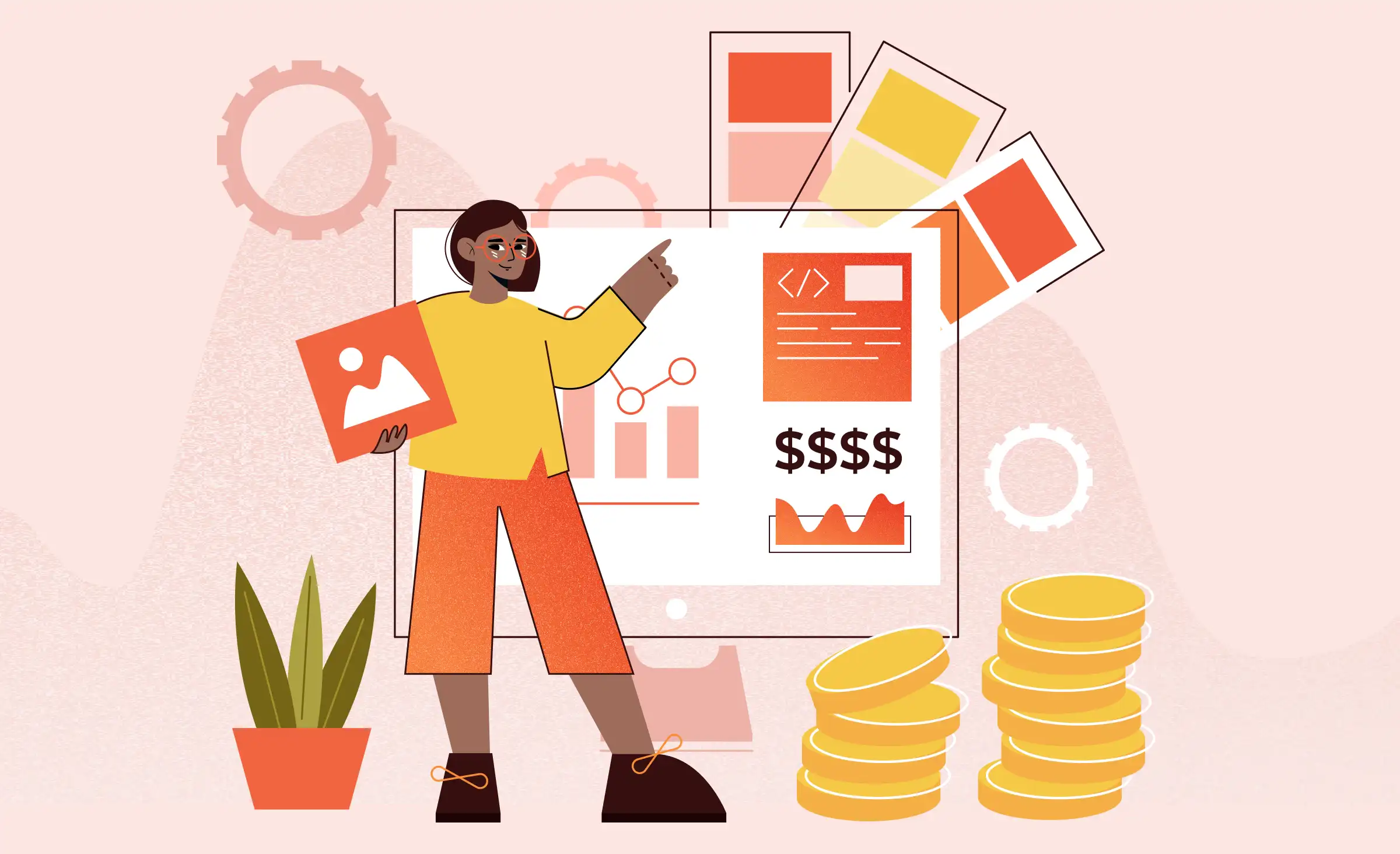 The article cover features an illustration of a girl designing a financial services website with various elements. She has brown skin and is wearing glasses, shorts, and a long-sleeve shirt. in front of the interface she is working on, there are two piles of coins symbolizing the financial sphere.