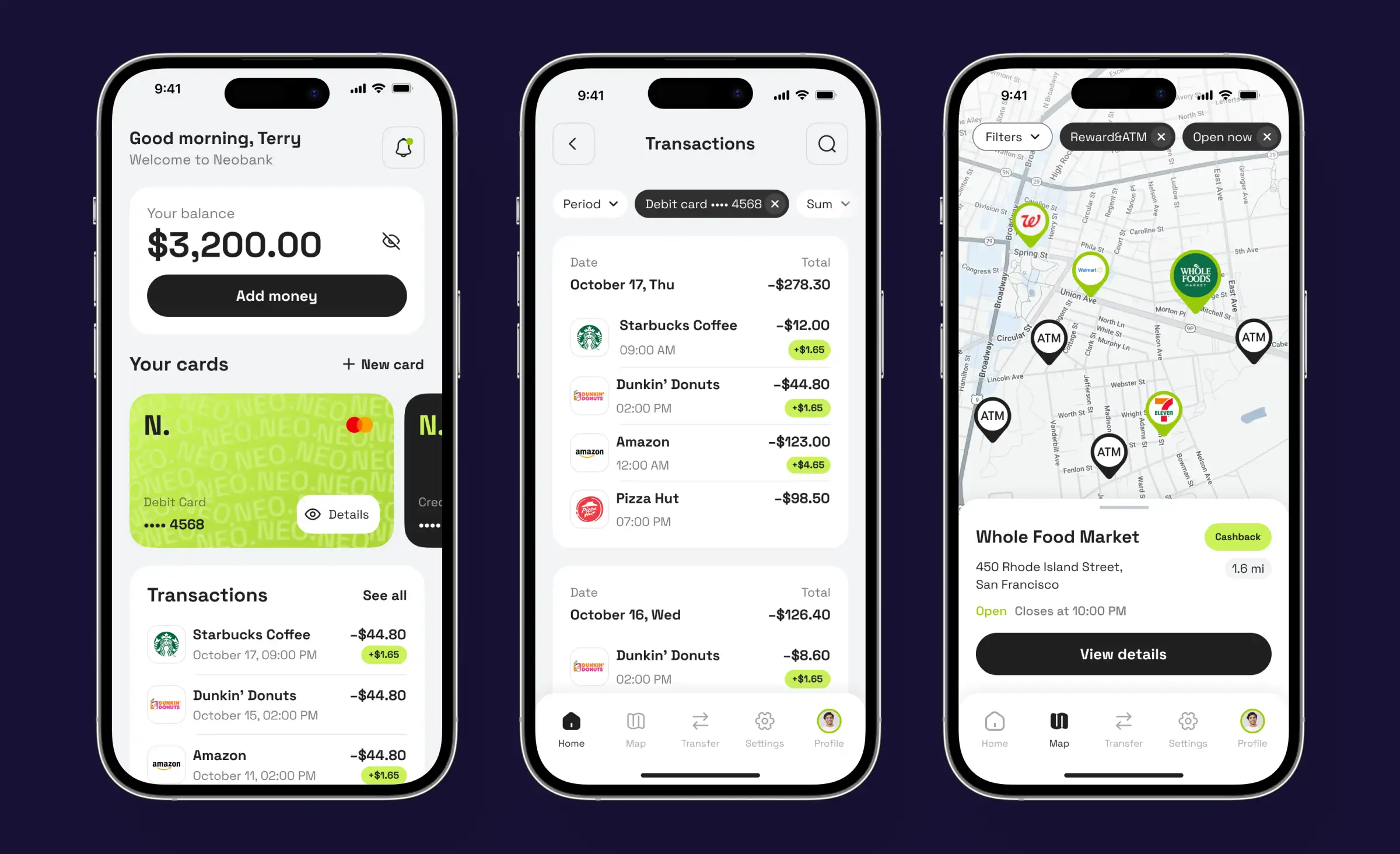 Neobank app mockup showing account balance, cards, a transaction list, and a cashback map