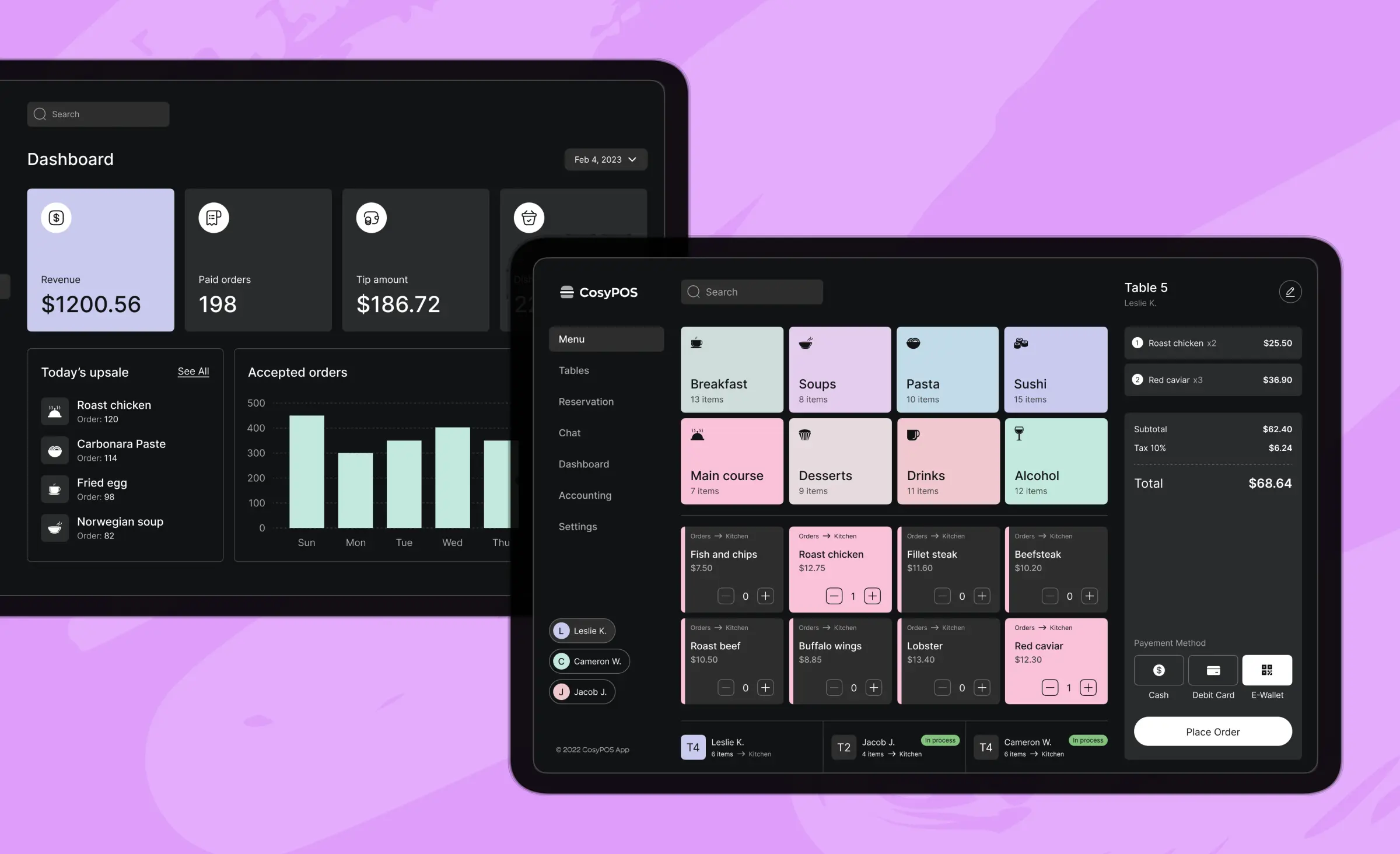 Concept of a restaurant point-of-sale dashboard with card and e-wallet payment built in