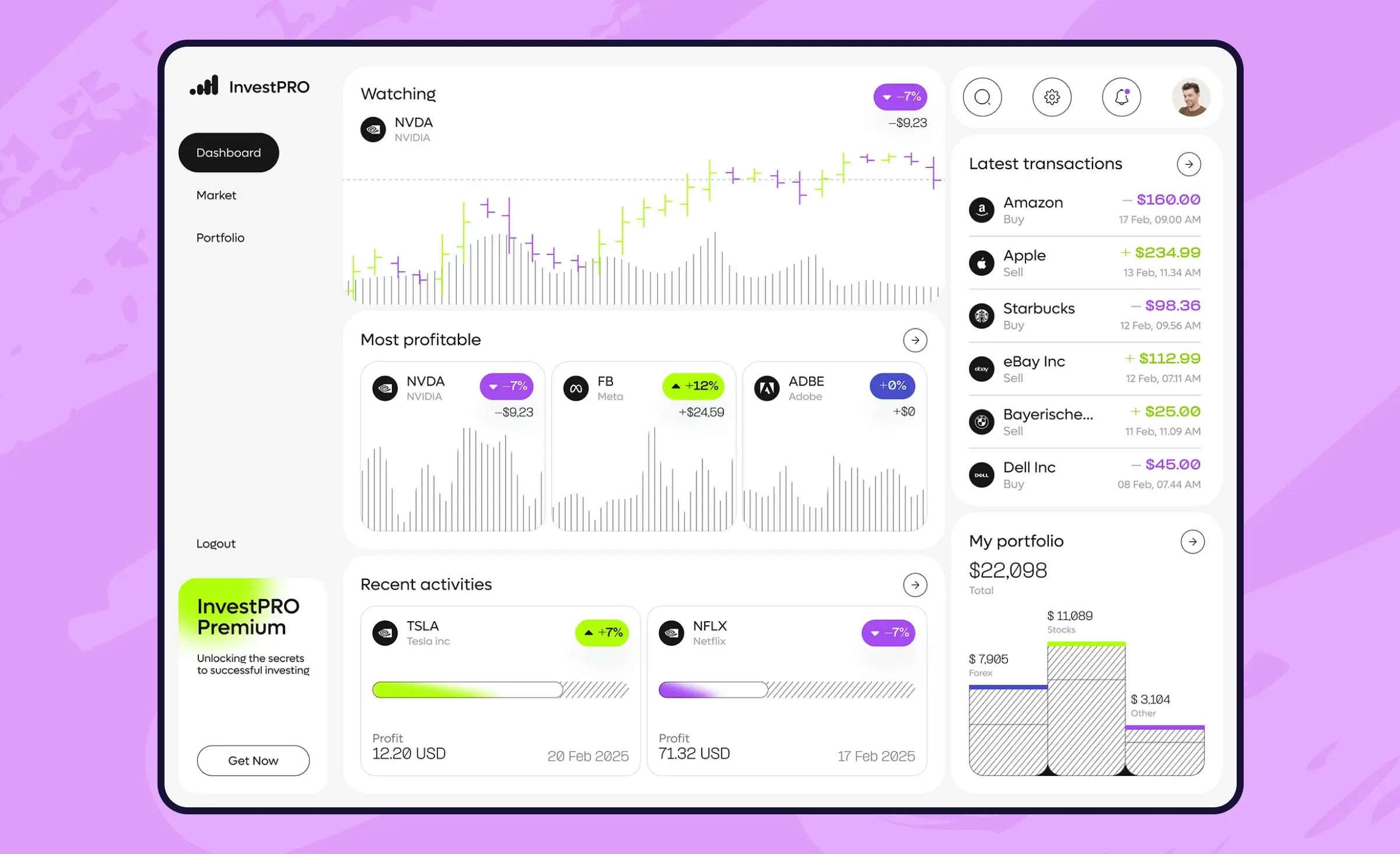 Concept of an investment dashboard with a watchlist, per-holding performance, and a portfolio breakdown
