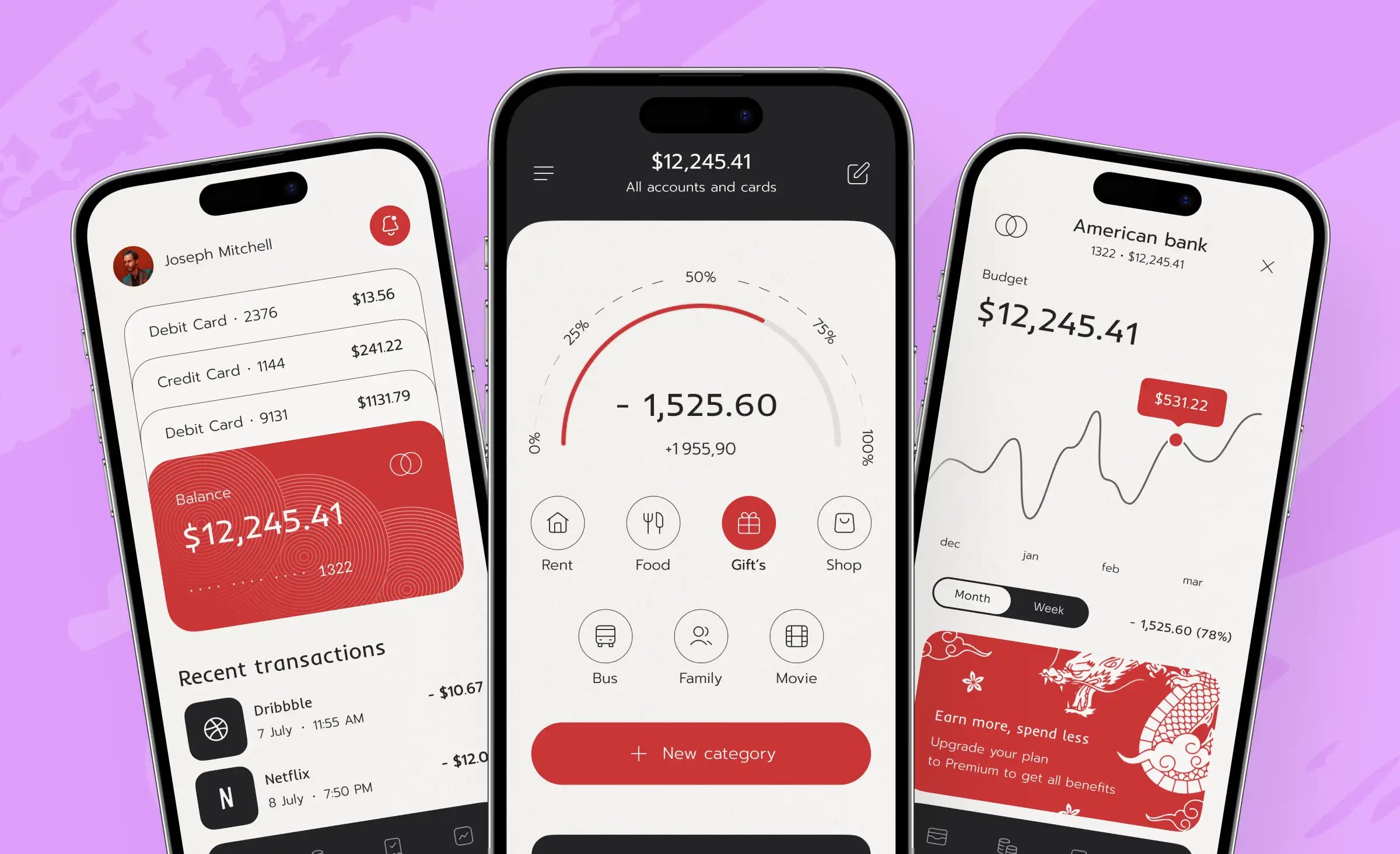 Banking app mockup showing linked accounts, spending by category, and a monthly budget chart