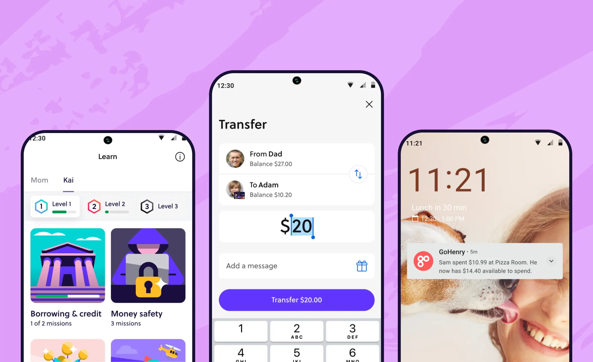 Screens from the GoHenry app showing money lessons, a parent-to-child transfer, and a spending alert