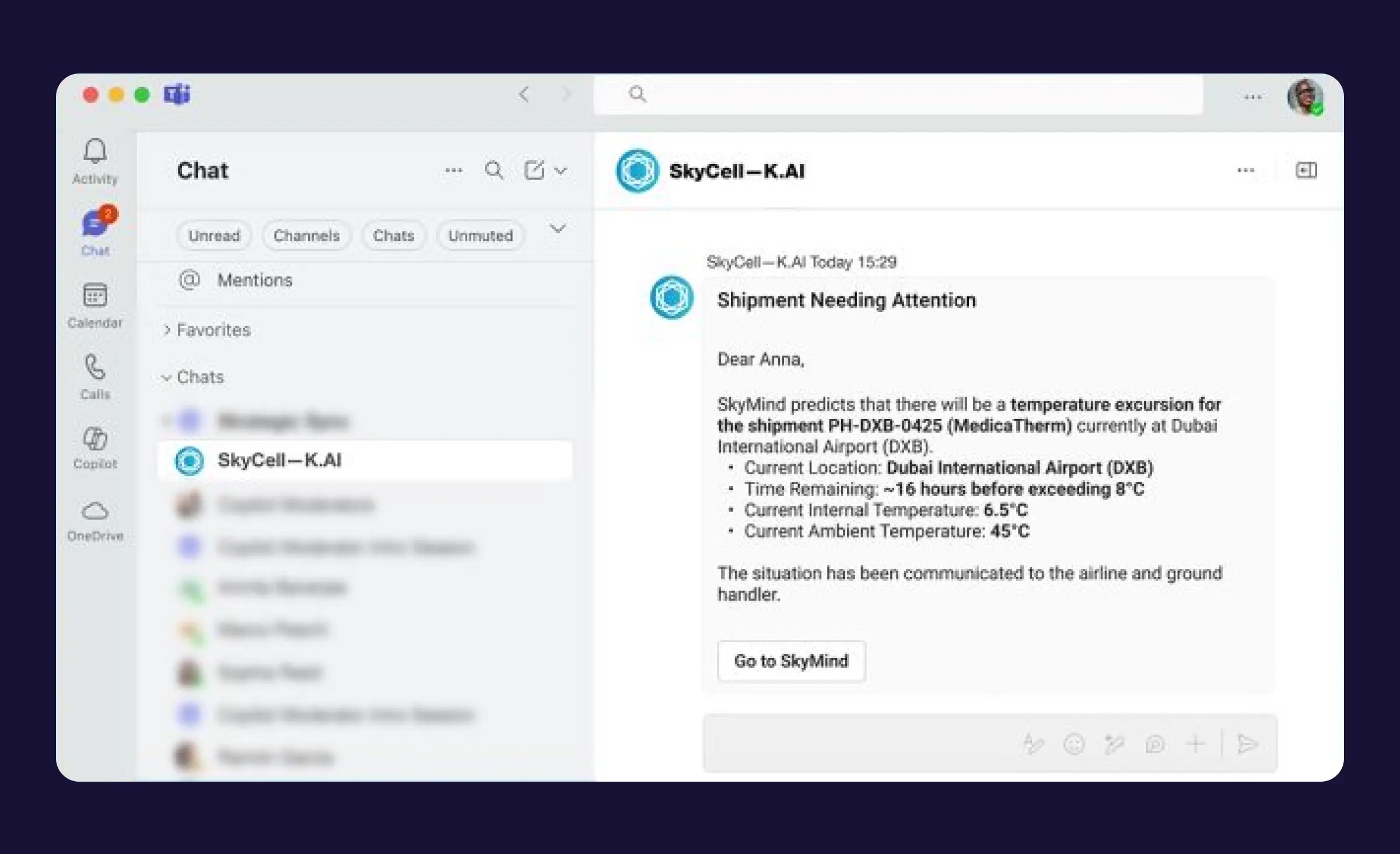 A SkyCell shipment alert in Microsoft Teams warning that a pharma shipment is nearing its temperature limit
