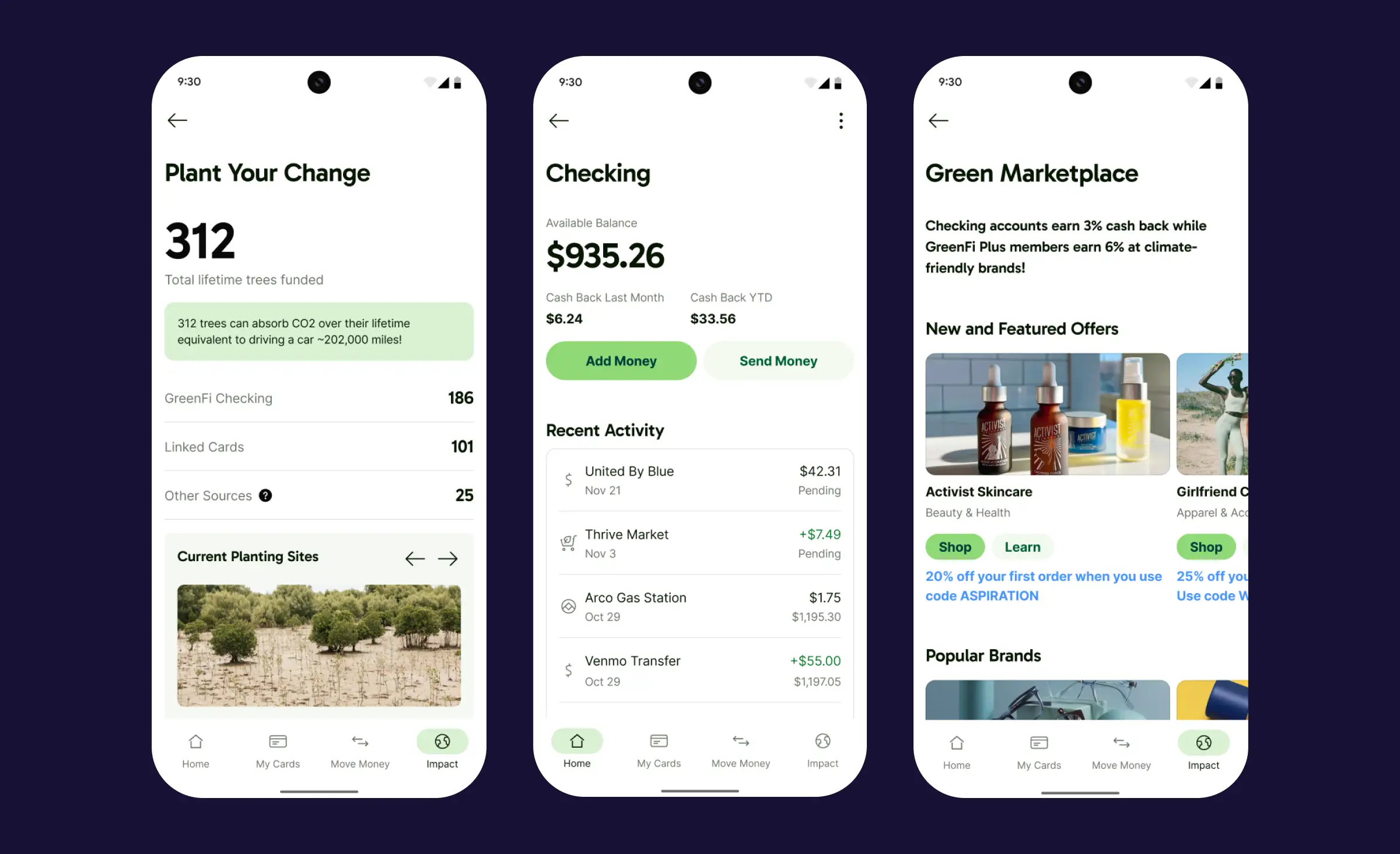 Screens from the GreenFi app showing trees funded by round-ups, a checking account with cash back, and a green marketplace