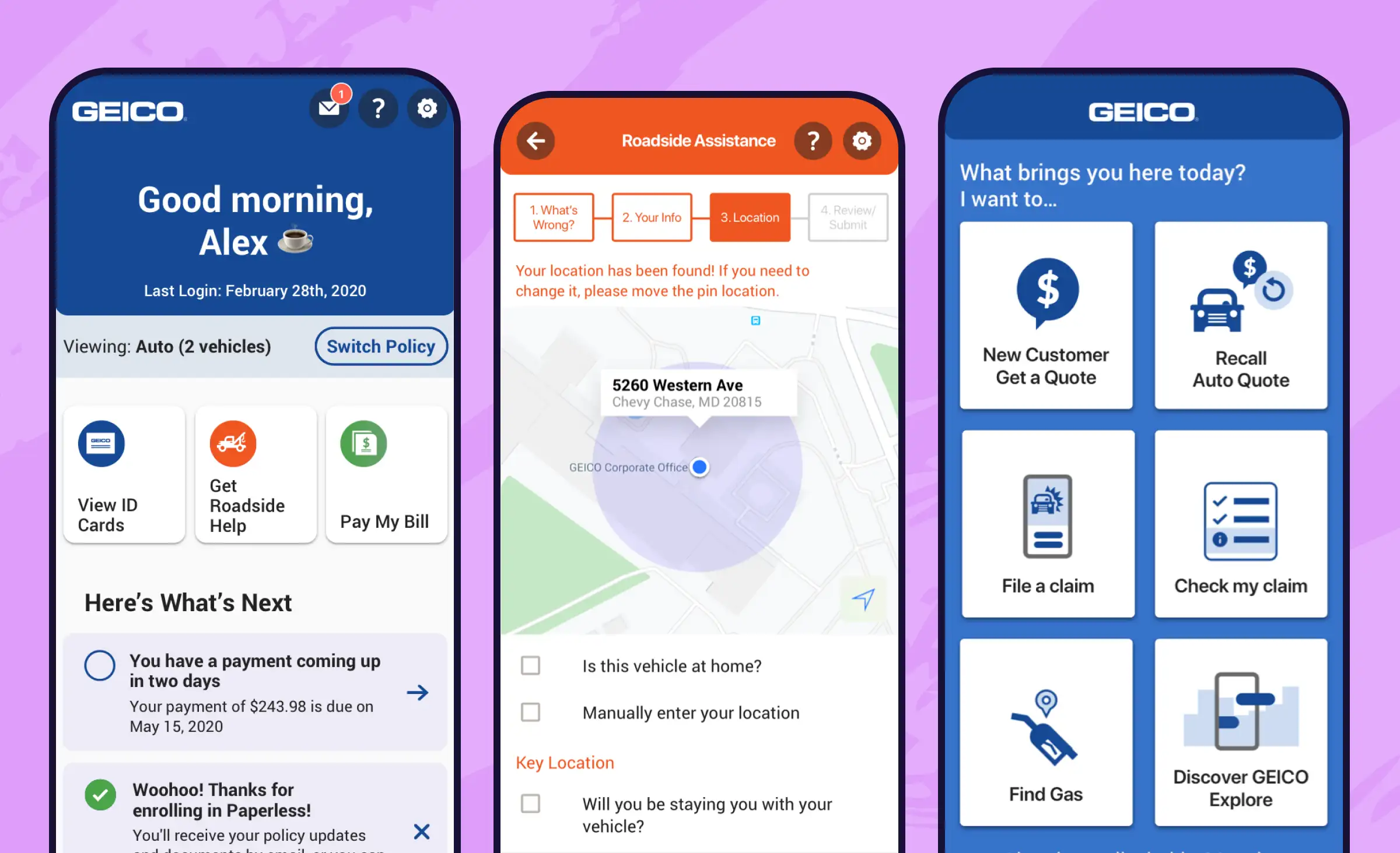 Screens from the GEICO app showing policy actions, roadside assistance, and a service menu