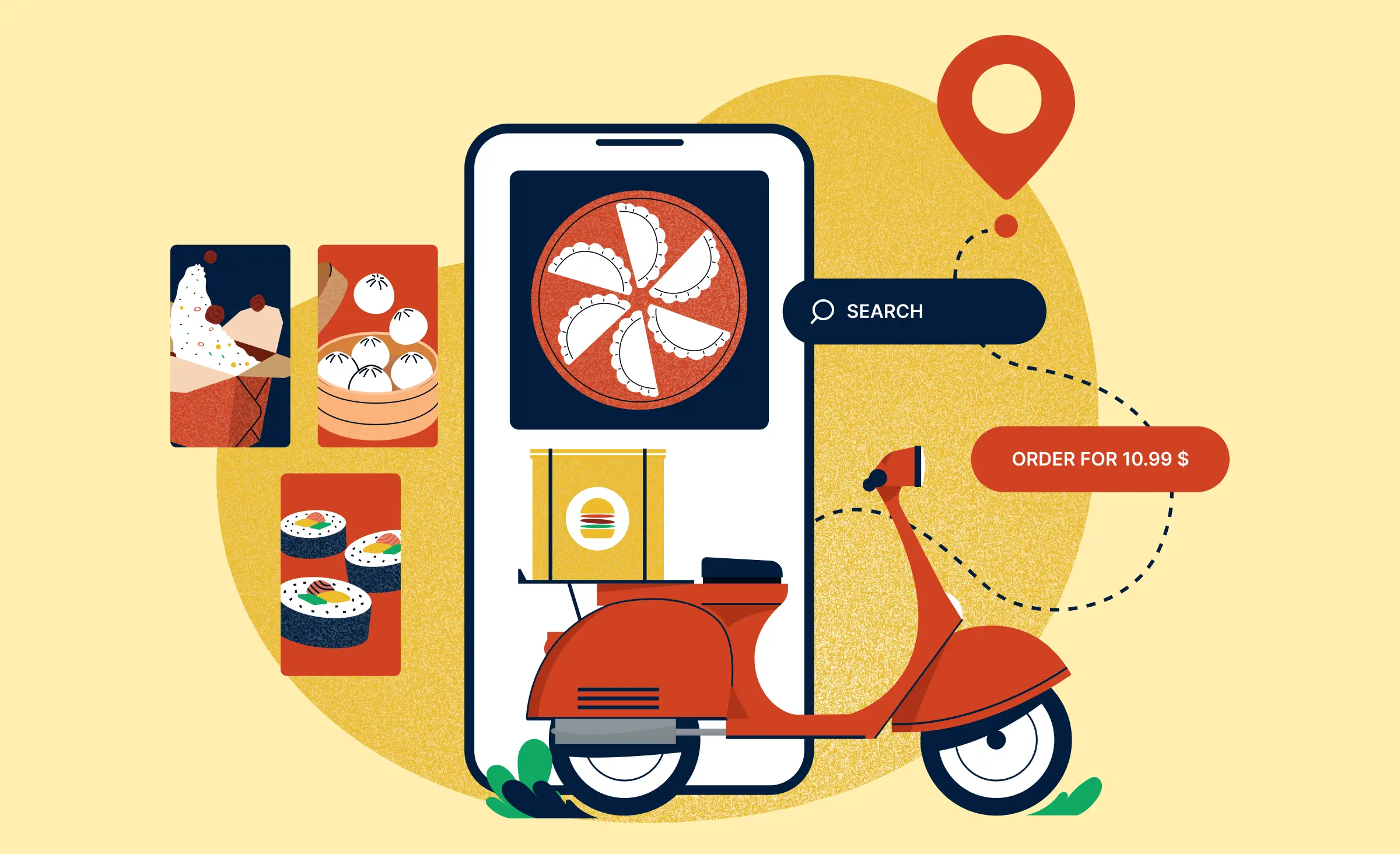 The cover represents an article dedicated to food delivery app development. the background depicts a mobile app screen with a food menu. At the forefront, there is an image of a food delivery scooter heading towards a destination on a map.