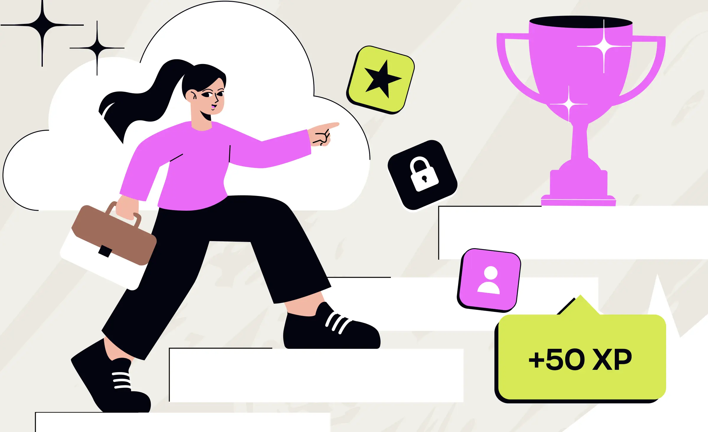 Illustration of a businesswoman climbing steps toward a trophy, surrounded by achievement icons and experience points, representing gamification in enterprise software to motivate and reward employee engagement.