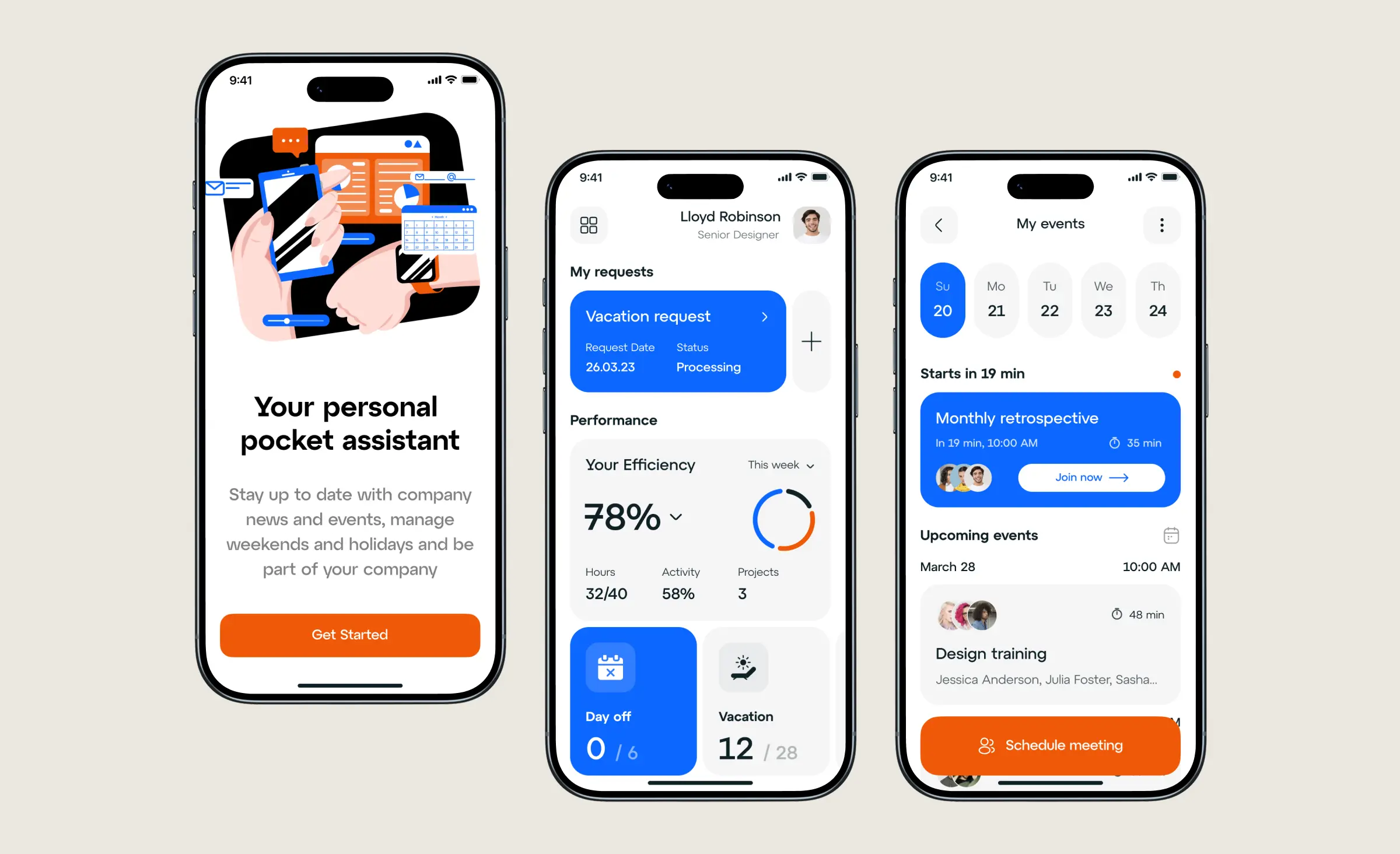 Three smartphone screens displaying a personal assistant app for the workplace, showcasing features like efficiency tracking, vacation requests, and event scheduling as examples of gamification in enterprise software to boost employee engagement and productivity.