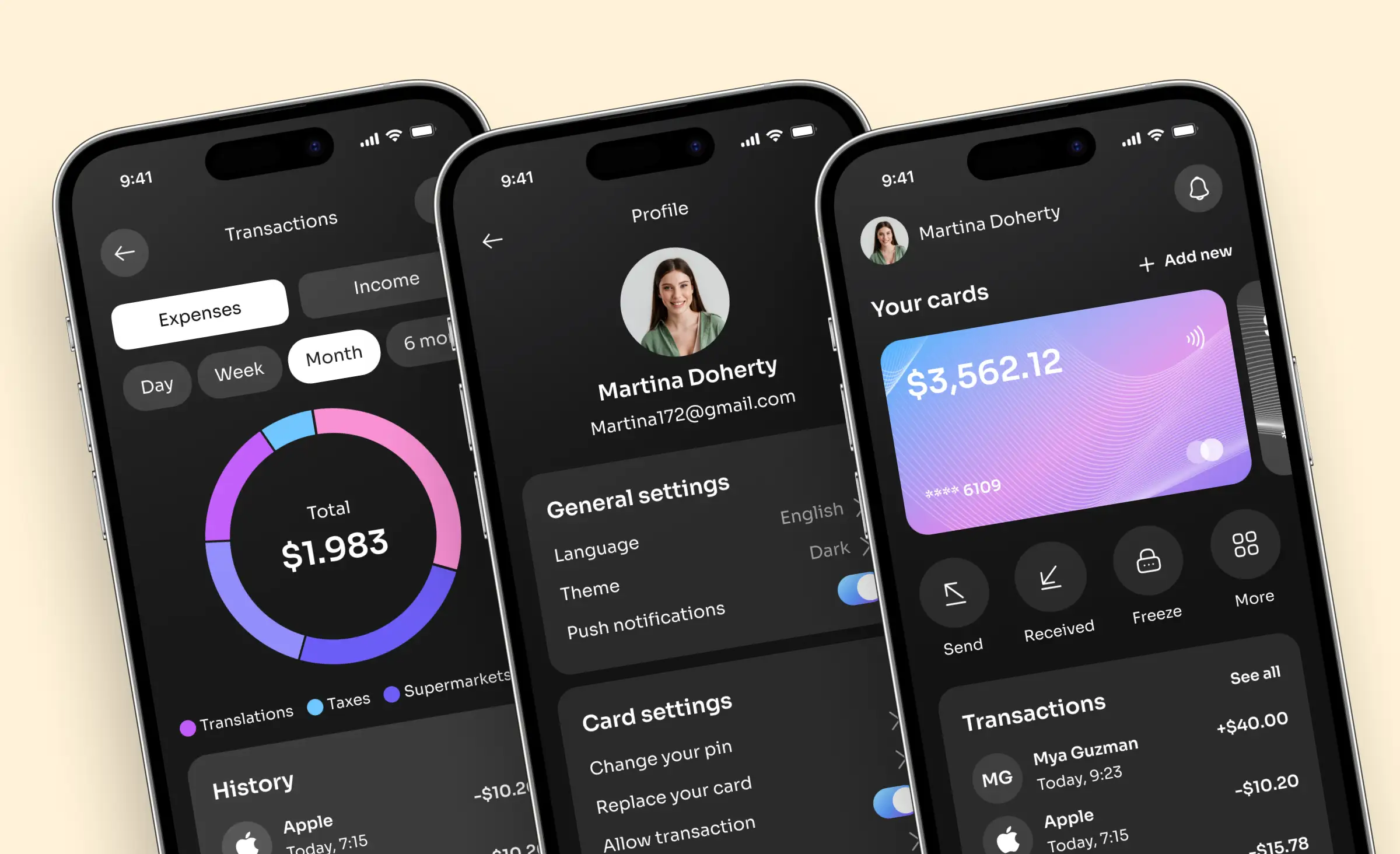 This image showcases a European neobank app developed by Ronas IT, reflecting GDPR in software development. The app’s interface displays financial analytics, card management, and secure profile settings, emphasizing how user data is managed with privacy and regulatory compliance in mind for the European market.