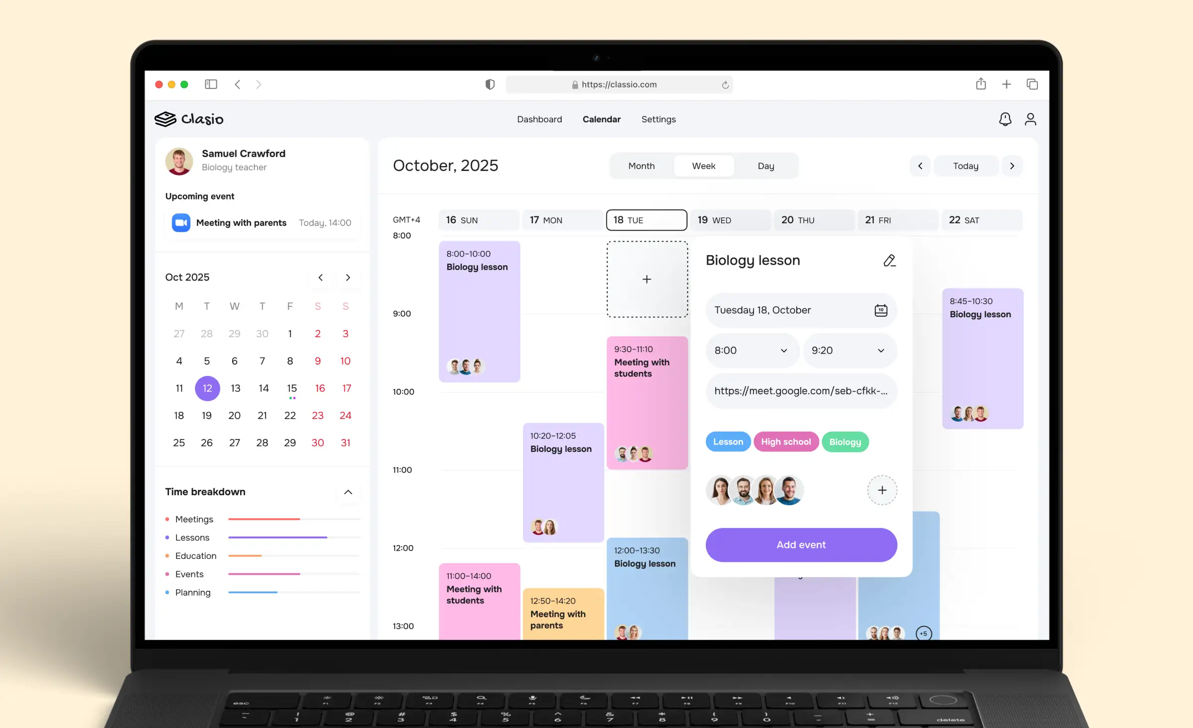 This image shows a European virtual classroom platform developed by Ronas IT, demonstrating GDPR in software development. The interface features a modern calendar and scheduling dashboard designed for schools and teachers, highlighting how user data is securely managed and organized in compliance with European data protection standards.