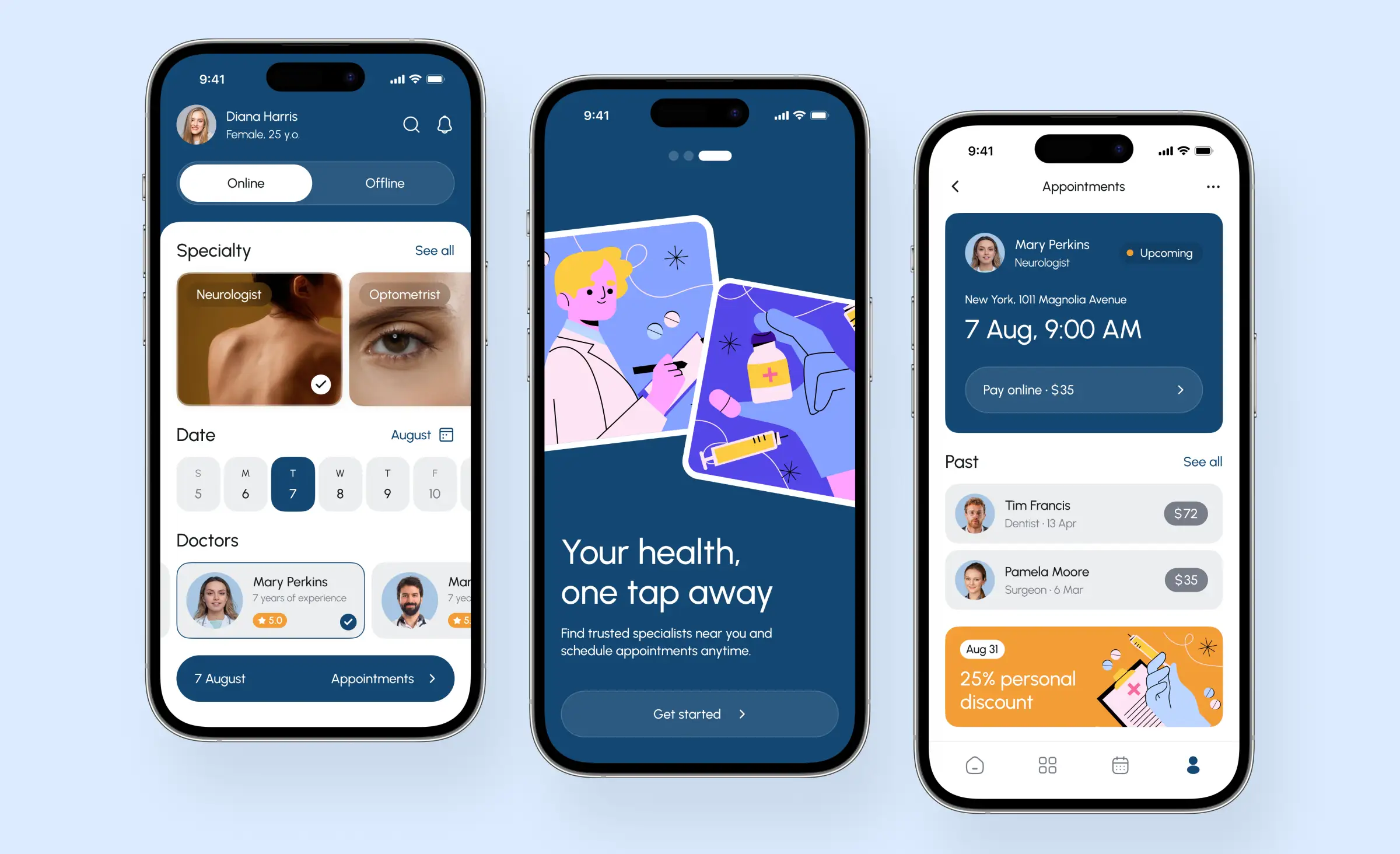 This image presents a modern healthcare mobile app interface, showcasing features such as booking appointments with specialists, viewing upcoming visits, and managing patient data. With a clear and user-friendly design, the app is an example of how digital health platforms must meet strict privacy and security standards. HIPAA vs UK healthcare laws play a crucial role in shaping how sensitive patient information is displayed, accessed, and protected in healthcare apps like this, ensuring compliance whether used in the United States or the United Kingdom.